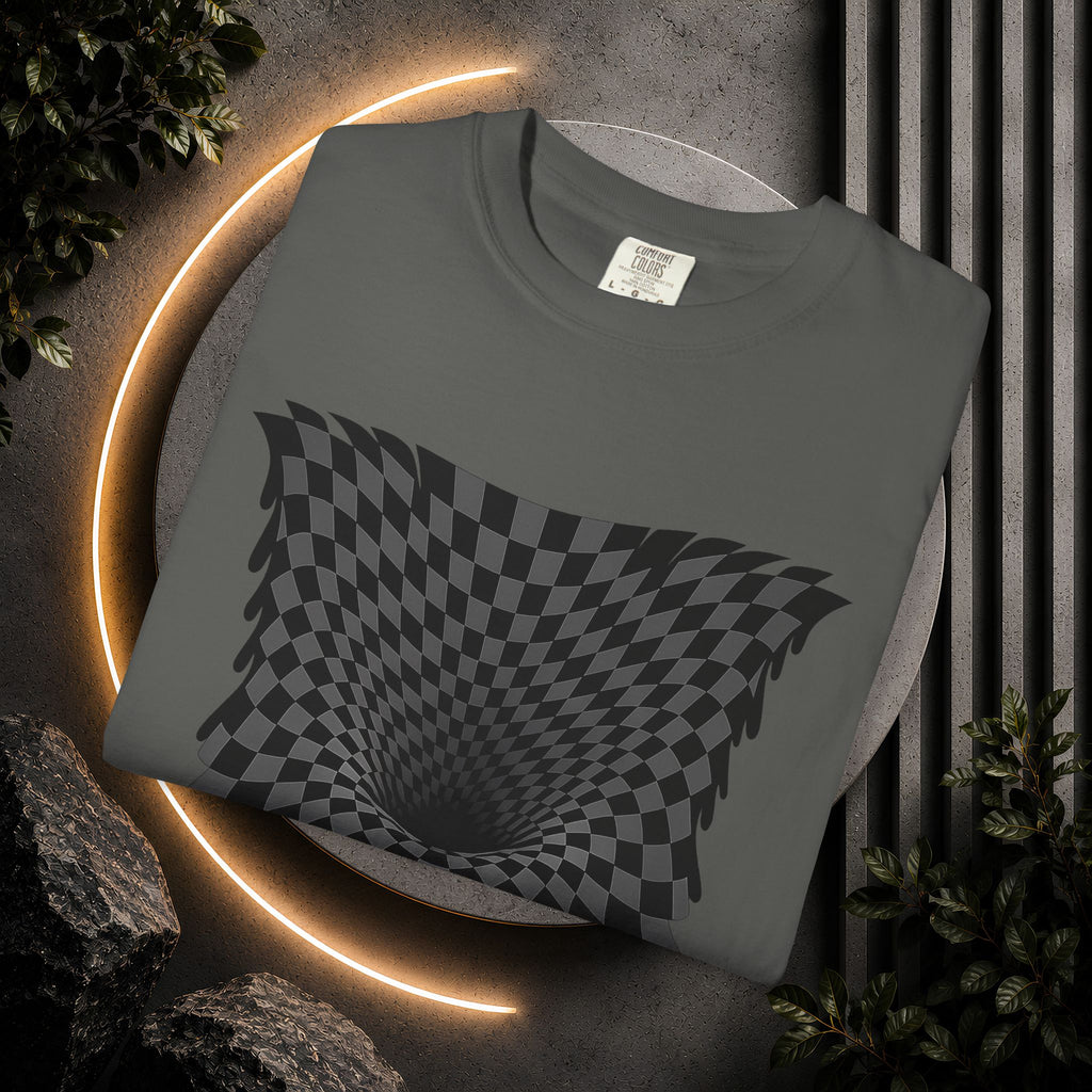Optical Illusion Checkered T‑Shirt — Psychedelic Vortex Graphic Tee