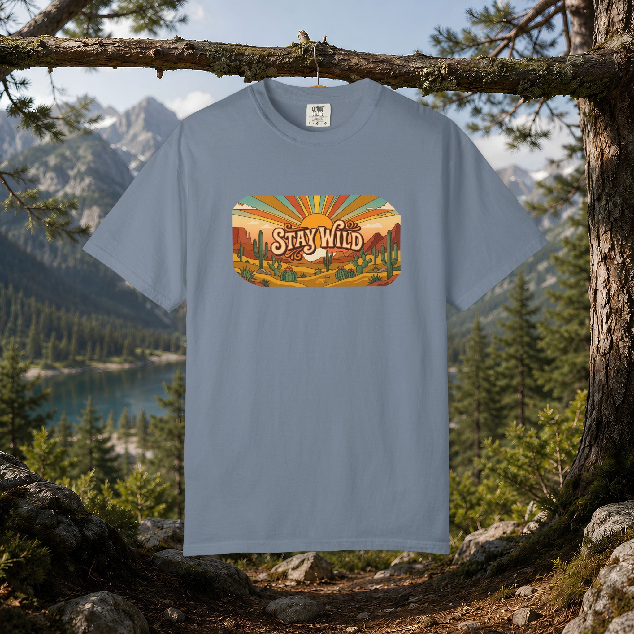 Stay Wild Desert Sunset T-shirt | Retro Cactus Landscape