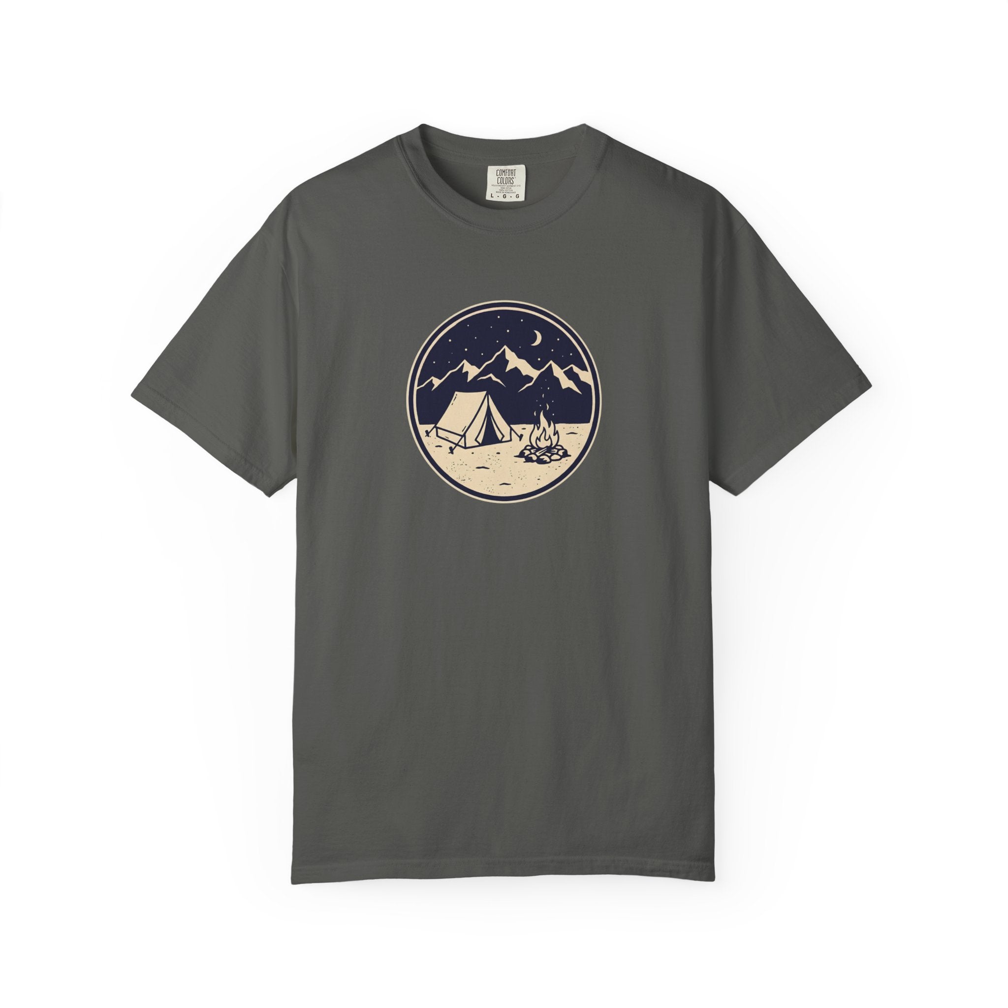 Mountain Camping Circle Art T-shirt | Tent Campfire Outdoors Tee