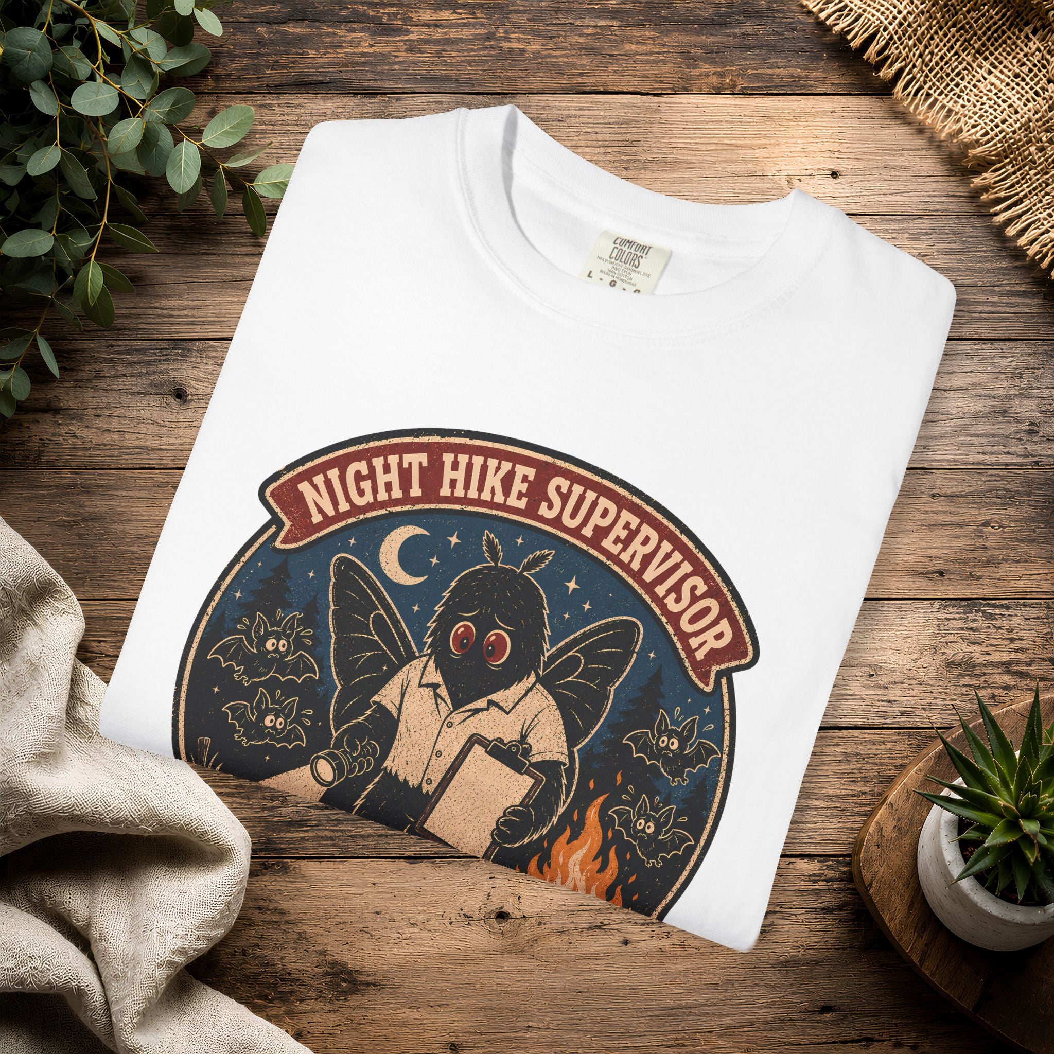 Night Hike Supervisor Mothman T‑Shirt — Camp Cryptid Retro Outdoor Badge