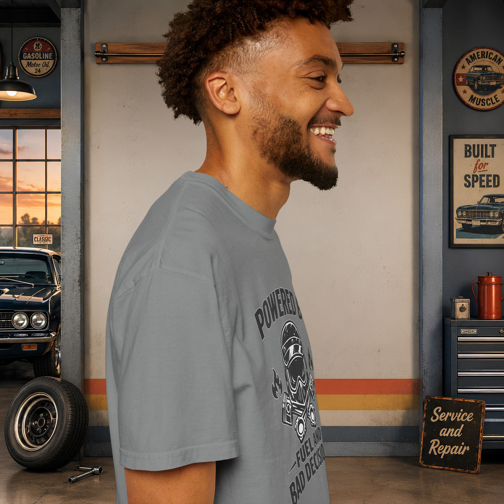 Powered By Fuel And Bad Decisions T-Shirt — Motorcycle Helmet Graphic Tee