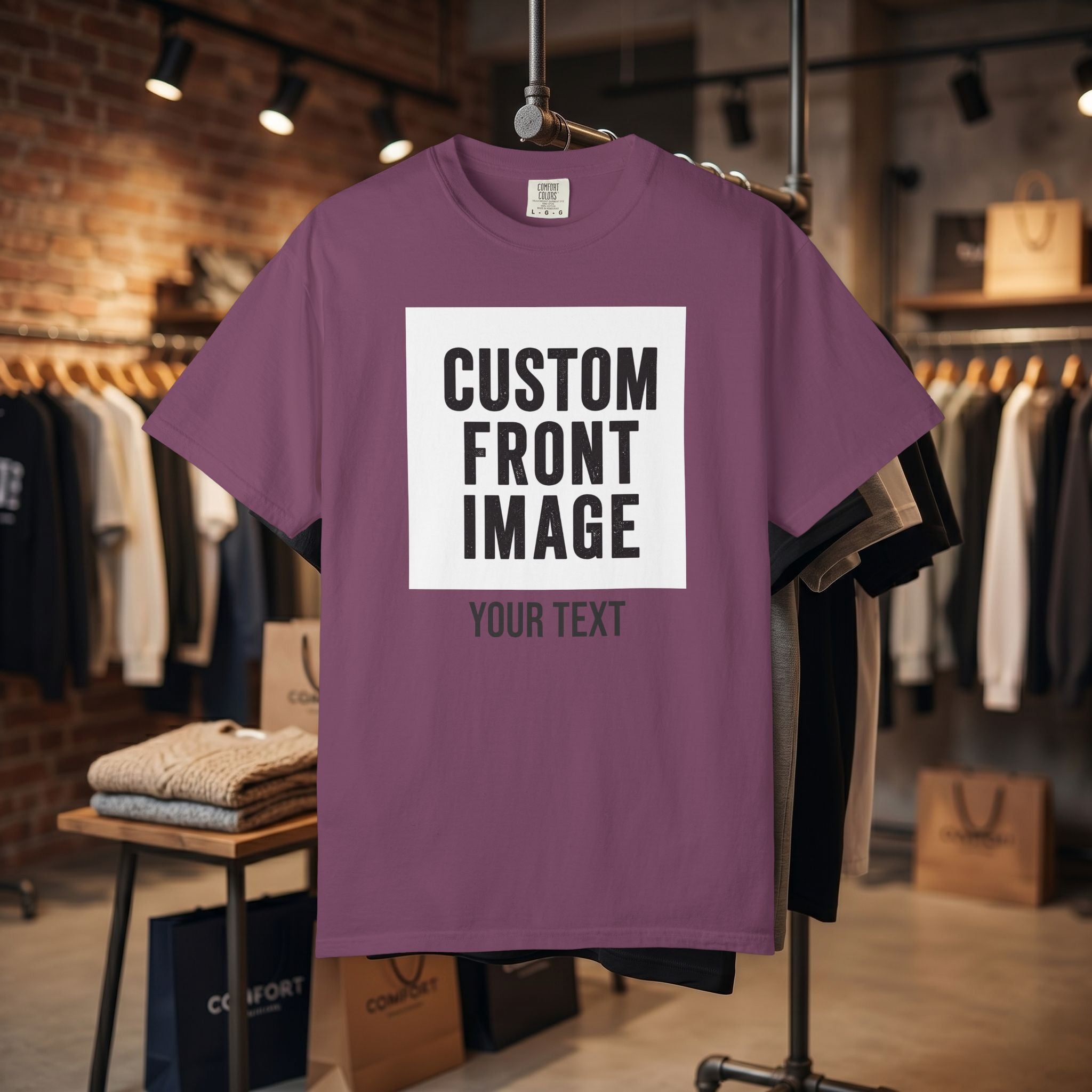 Custom Front Square Print T-Shirt — Personalized Text Bottom & Image Tee