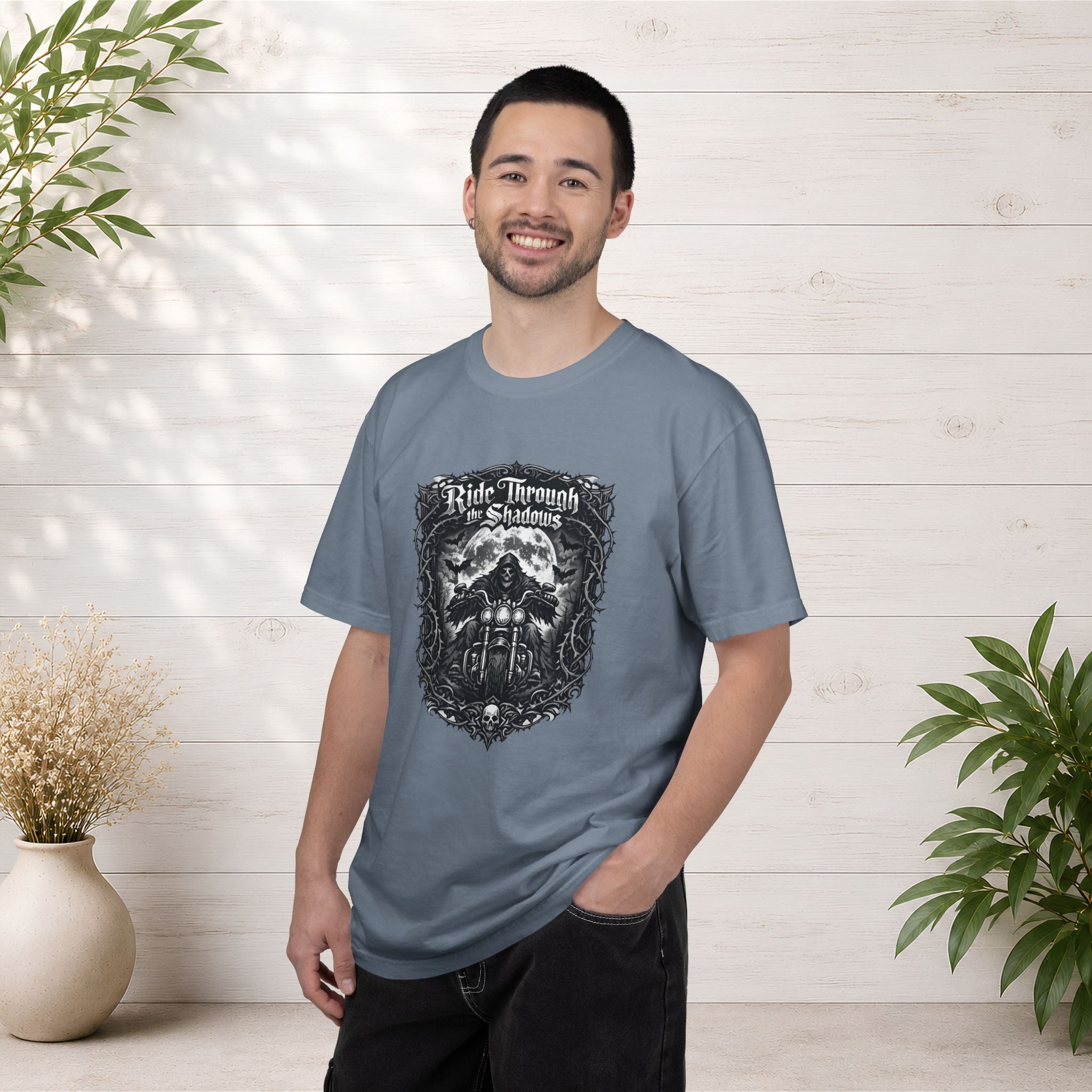 Ride Through Shadows T-Shirt — Gothic Skull Motorcycle Graphic Tee