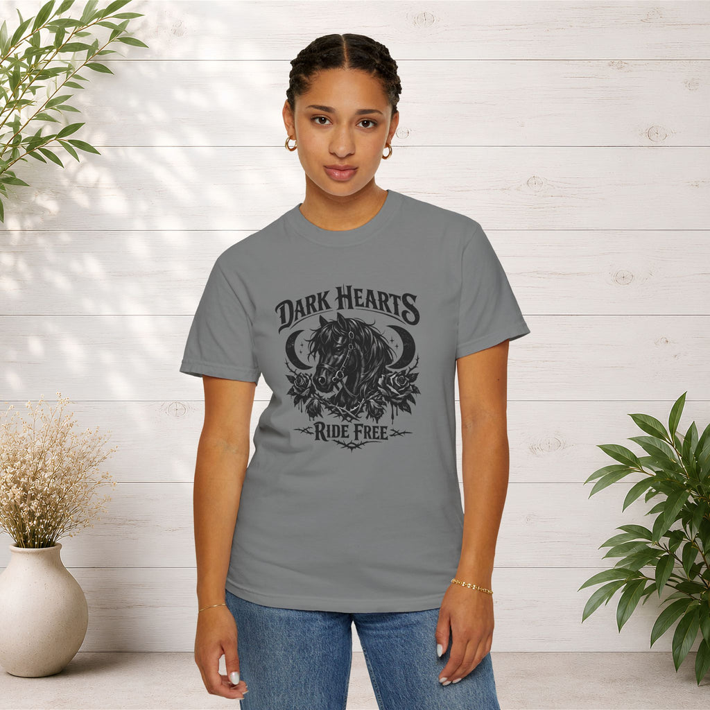 Dark Hearts Ride Free T-Shirt — Gothic Horse Rider Graphic Tee