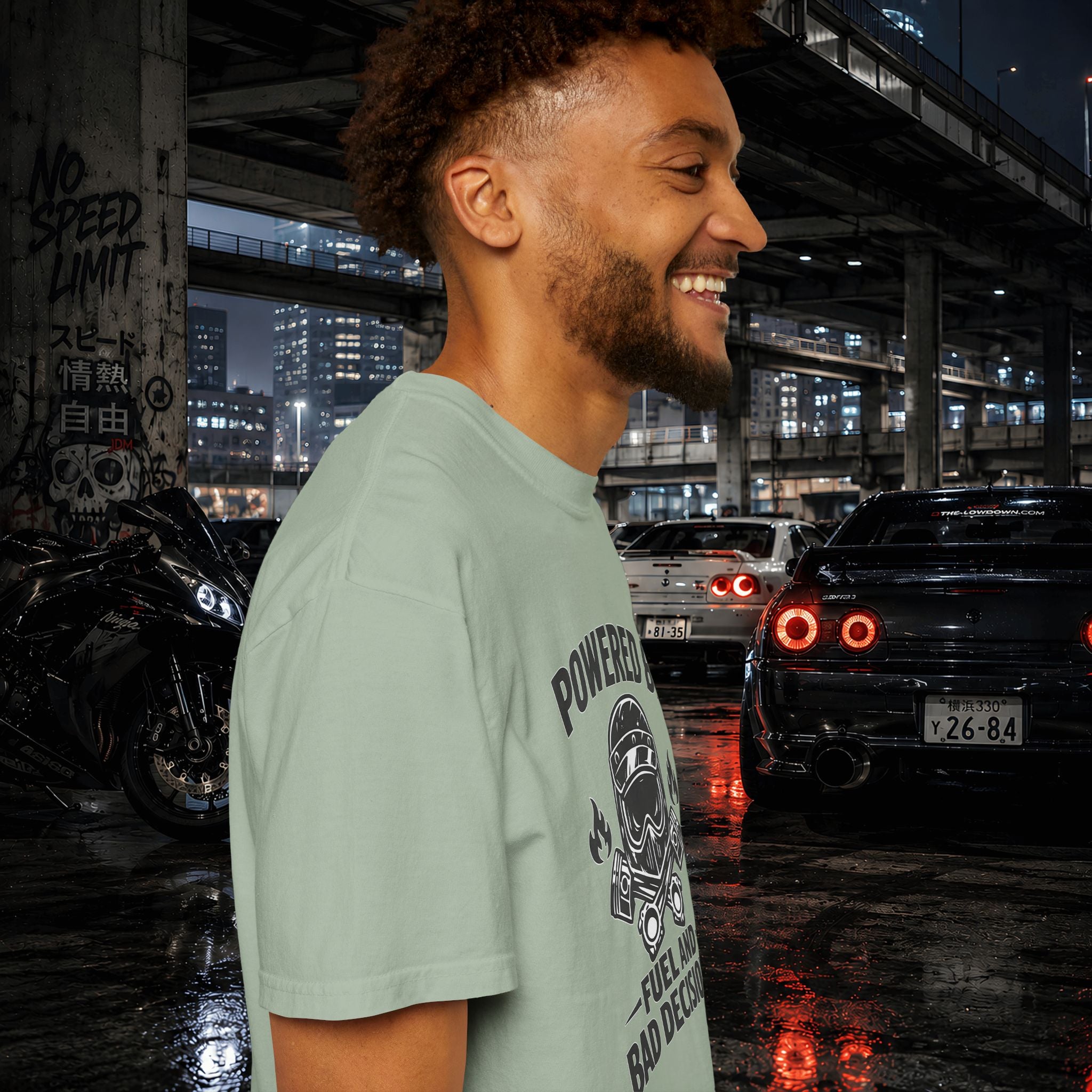 Powered By Fuel And Bad Decisions T-Shirt — Motorcycle Helmet Graphic Tee
