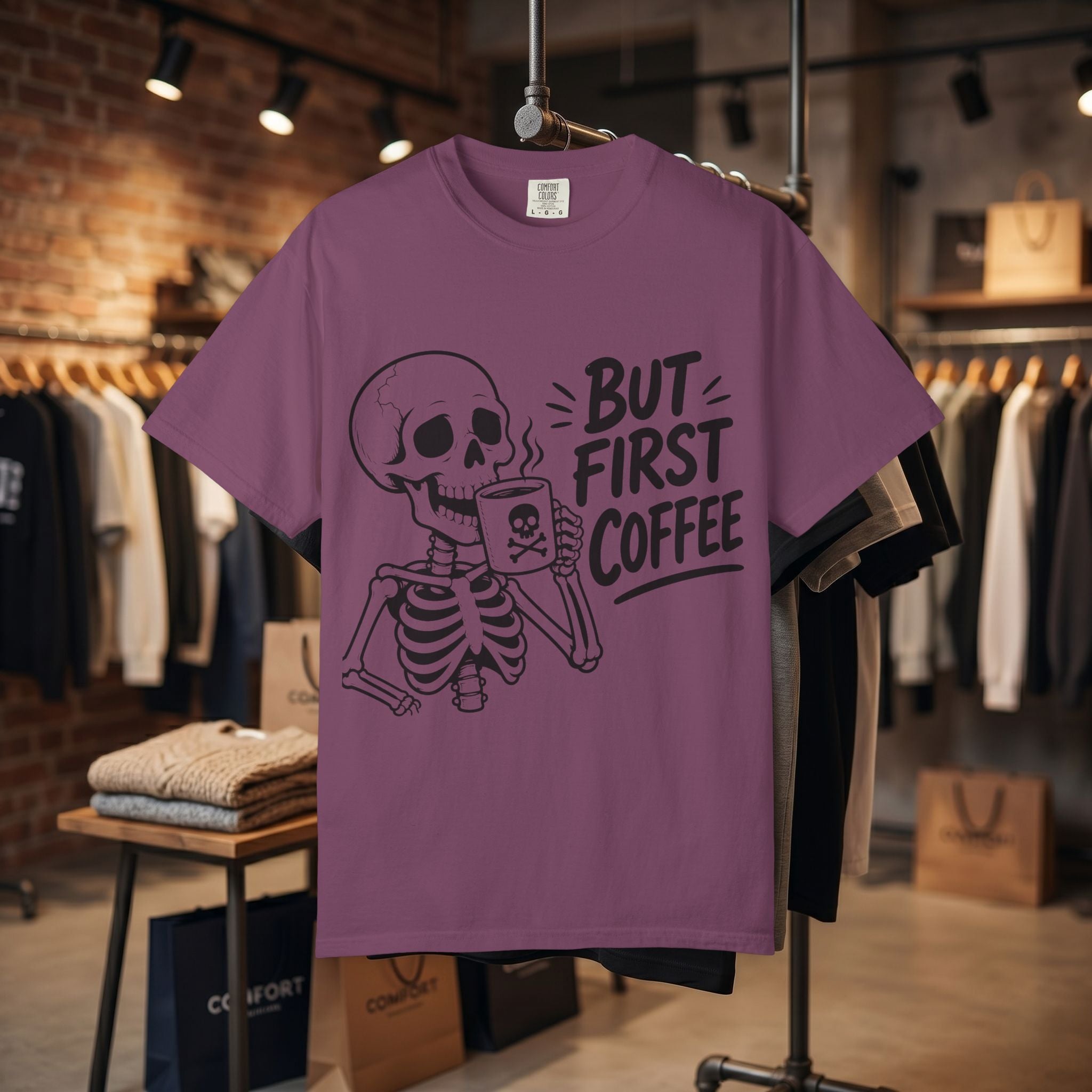 Skeleton Holding Coffee But First Coffee T-Shirt | Coffee Lover Tee