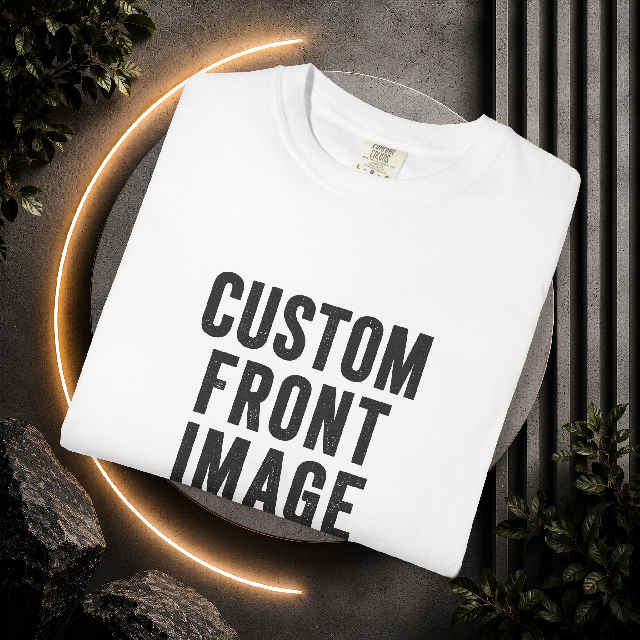 Custom Front Square Print T-Shirt — Personalized Text Bottom & Image Tee