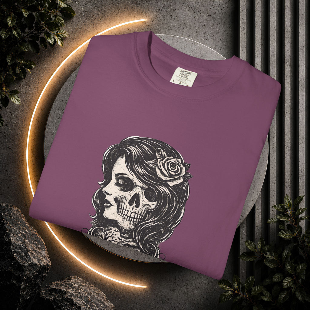 Skull Lady Rose T-Shirt — Vintage Day of the Dead Portrait Tee