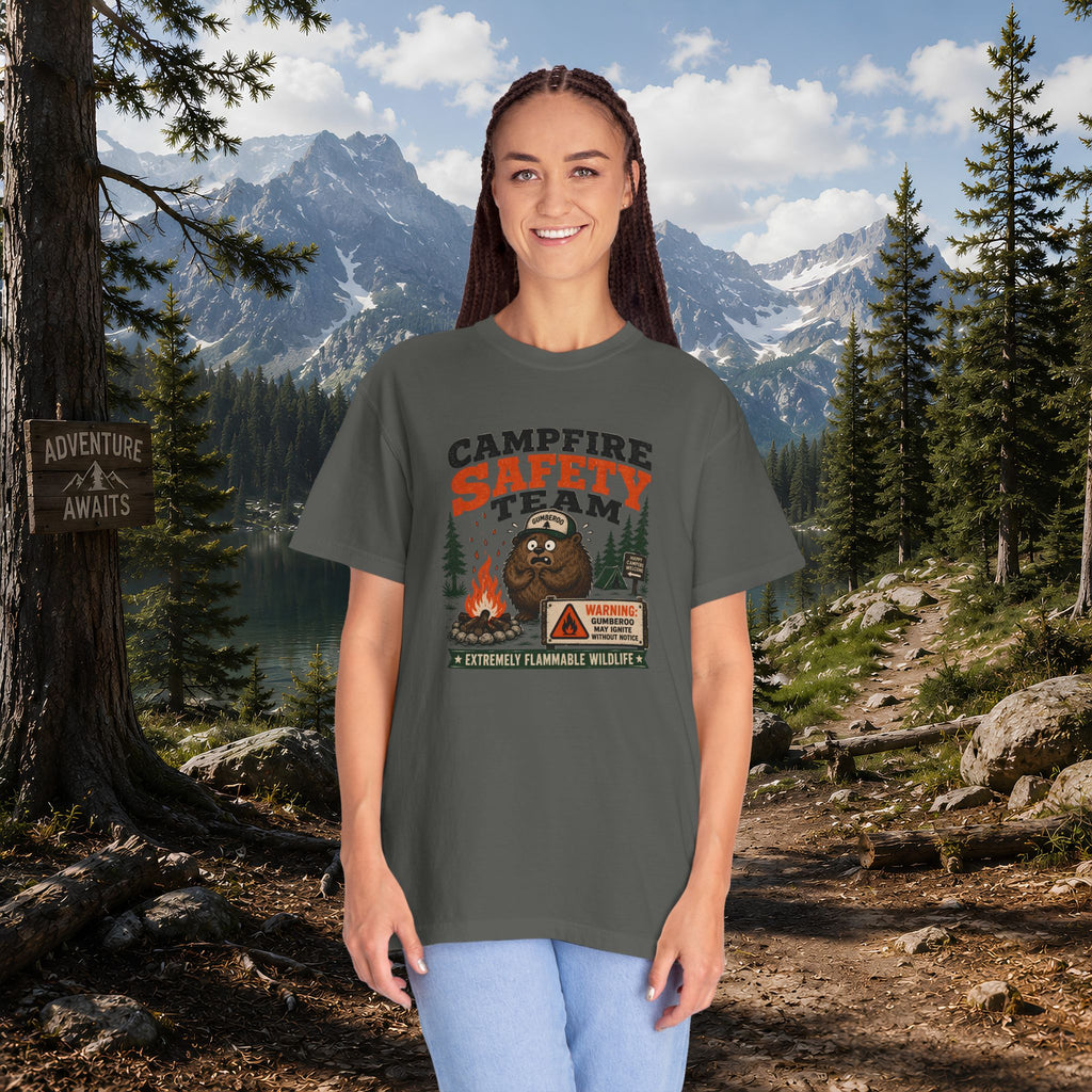 Gumberoo Campfire Safety Tee — Bear Cryptid Patch Graphic