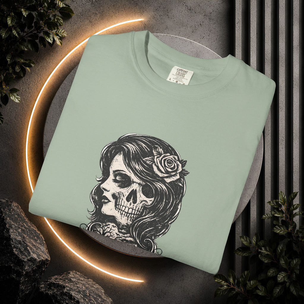 Skull Lady Rose T-Shirt — Vintage Day of the Dead Portrait Tee