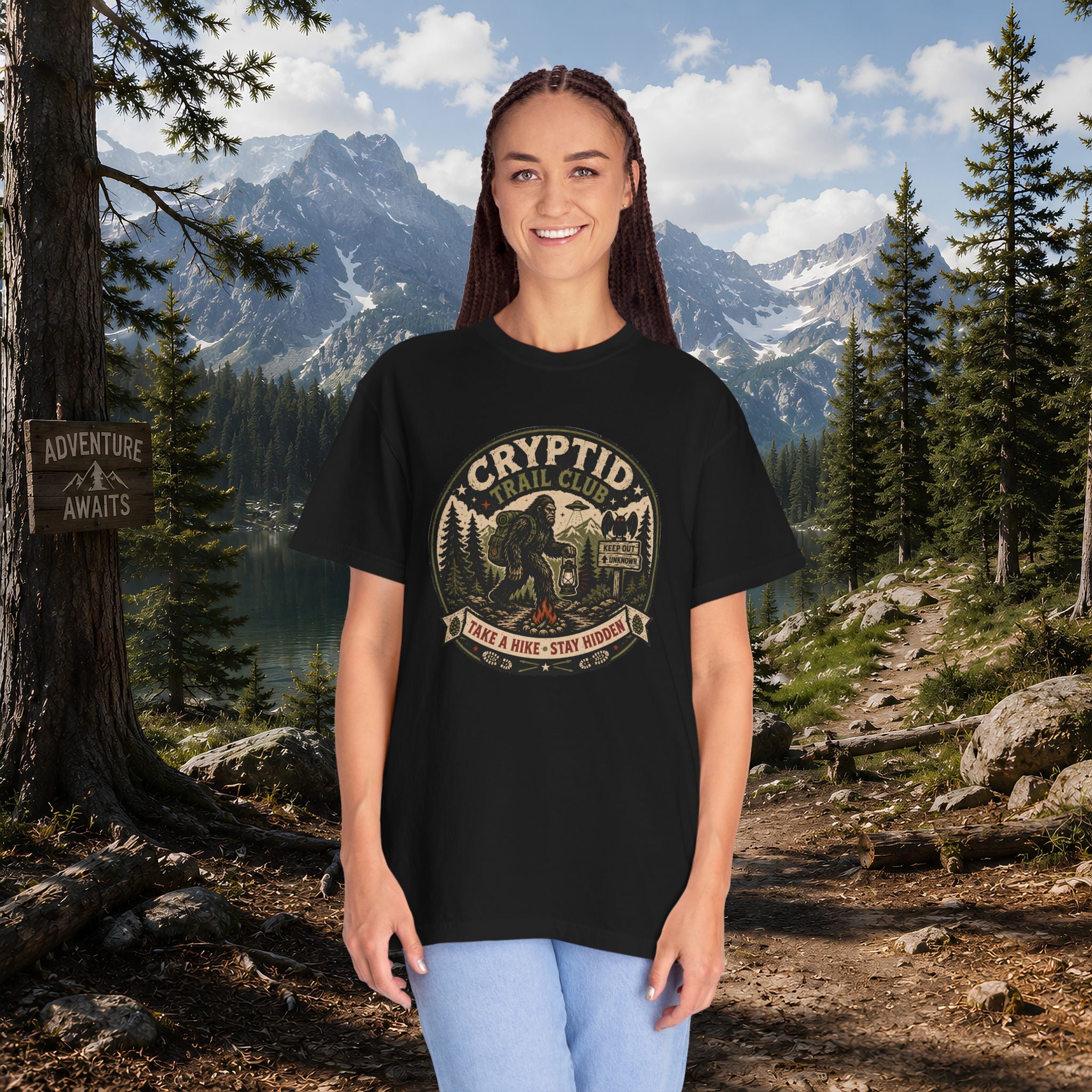 Cryptid Trail Club T-Shirt — "Take a Hike, Stay Hidden" Outdoor Sasquatch Tee