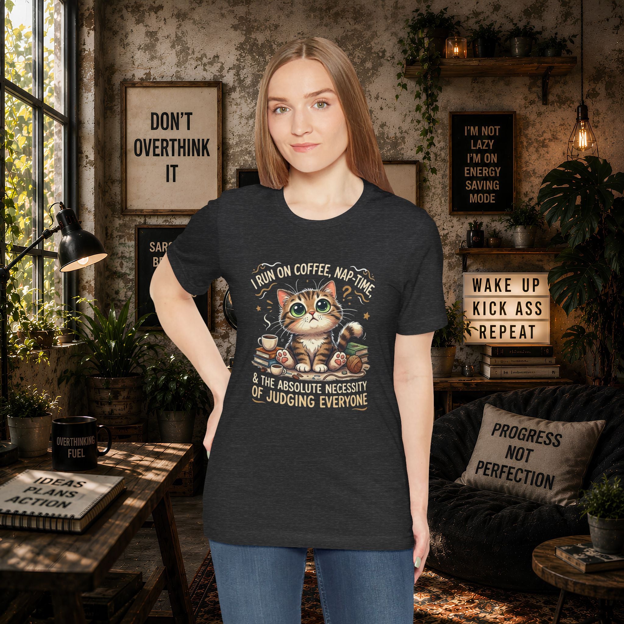 Judging Cat Coffee Books T-Shirt | Cozy Kitty Illustration Tee