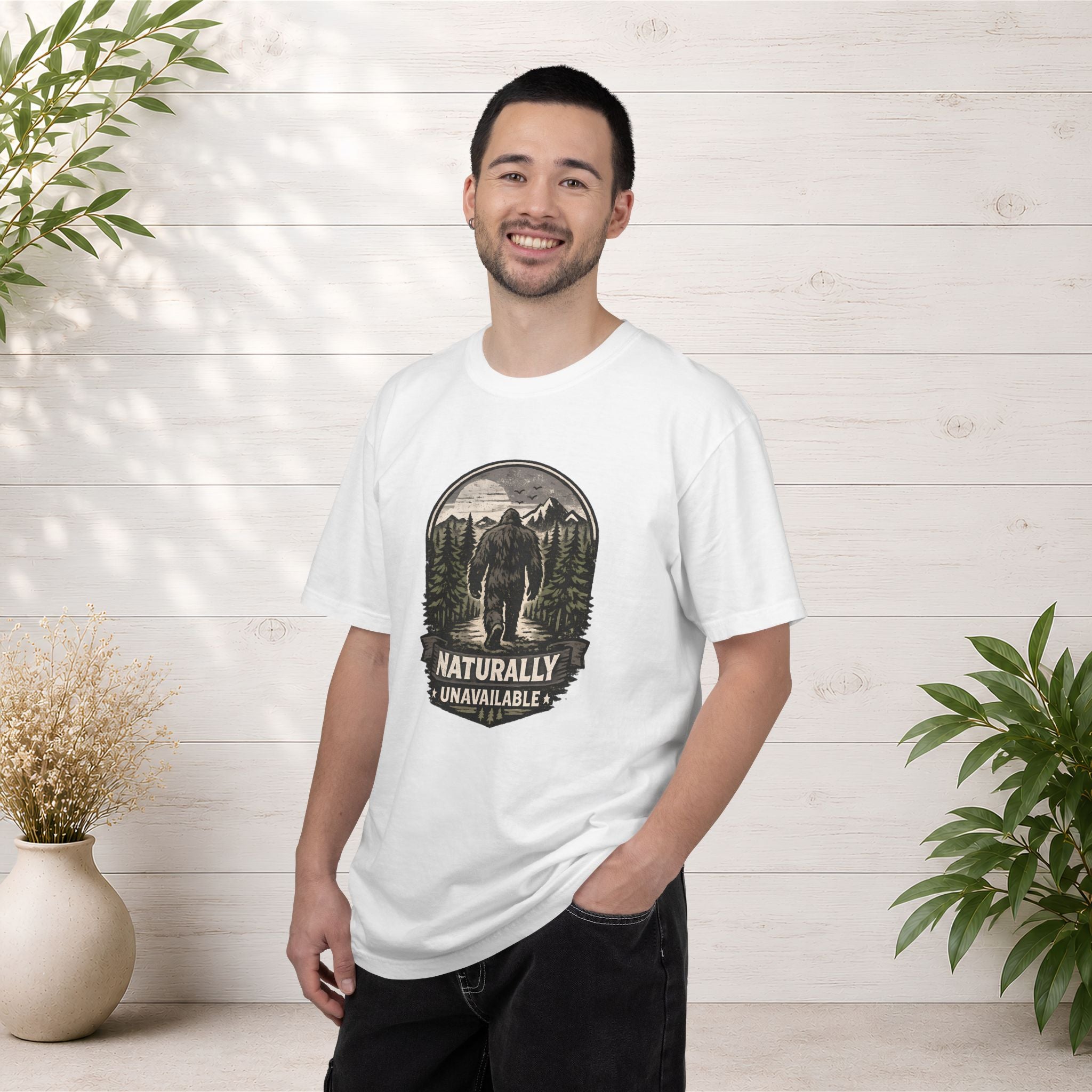 Bigfoot 'Naturally Unavailable' T-Shirt — Bigfoot Walking Into Forest Graphic