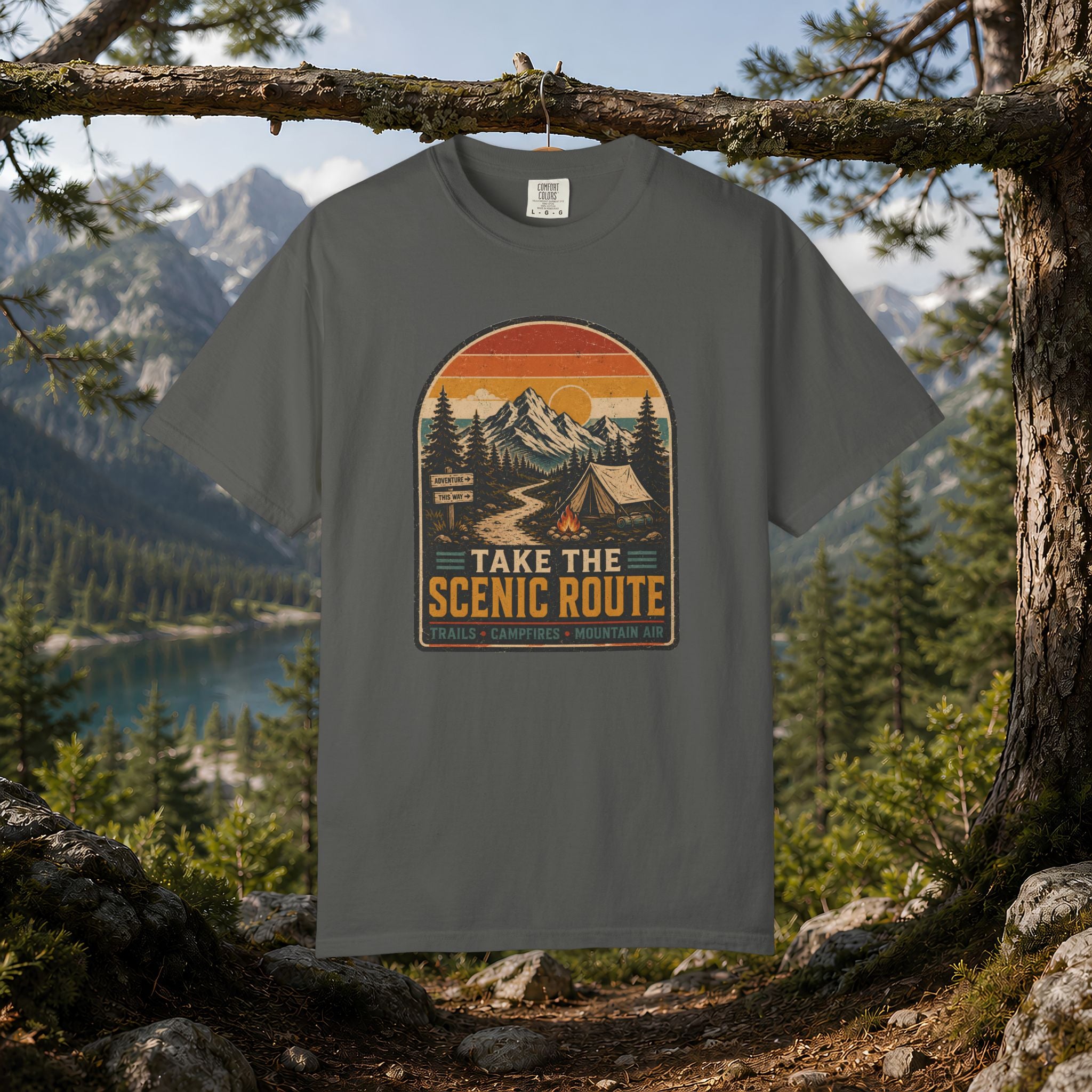 Scenic Route Camping T-Shirt — Retro Mountains & Tent Outdoor Tee
