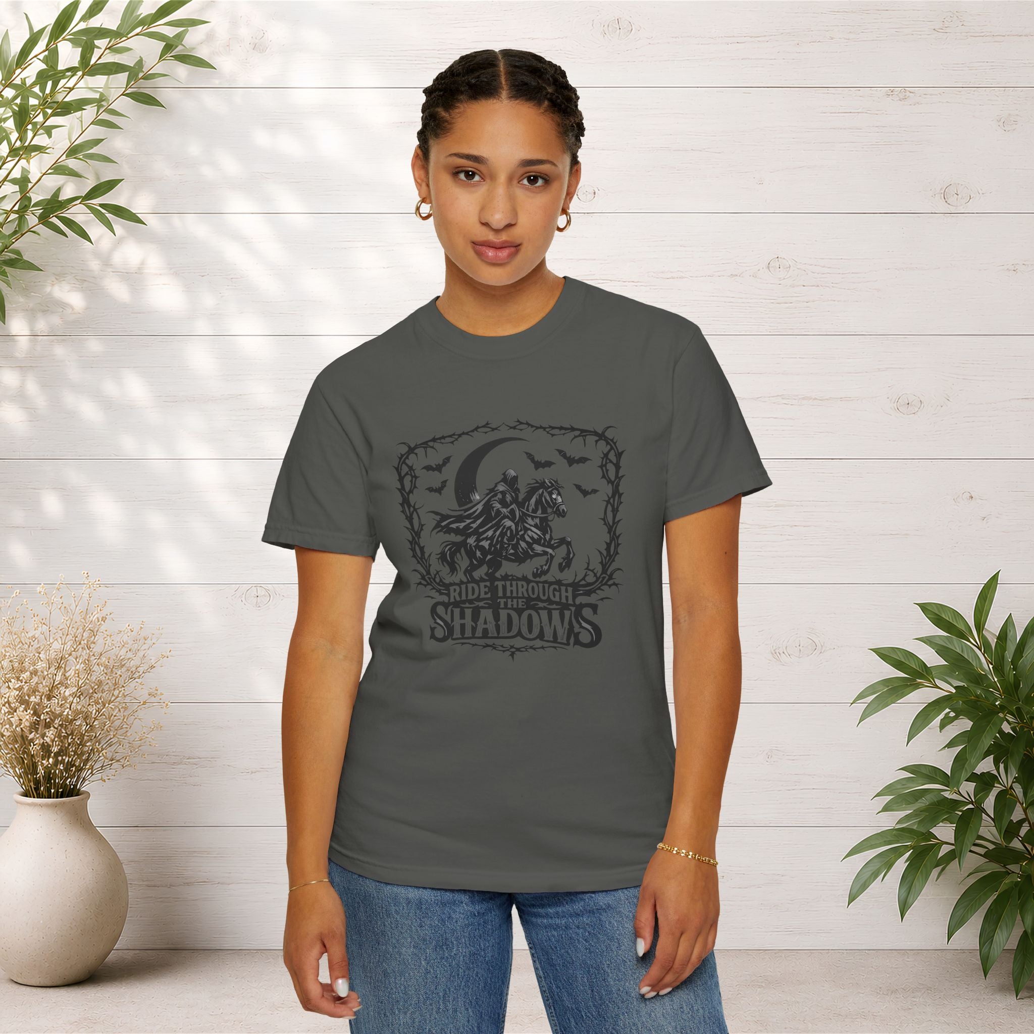 Ride Through Shadows T-Shirt — Gothic Raven Horse Moon Design