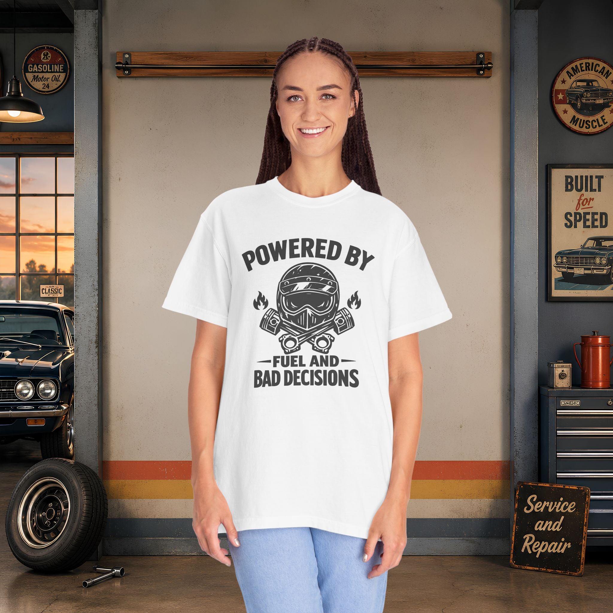 Powered By Fuel And Bad Decisions T-Shirt — Motorcycle Helmet Graphic Tee