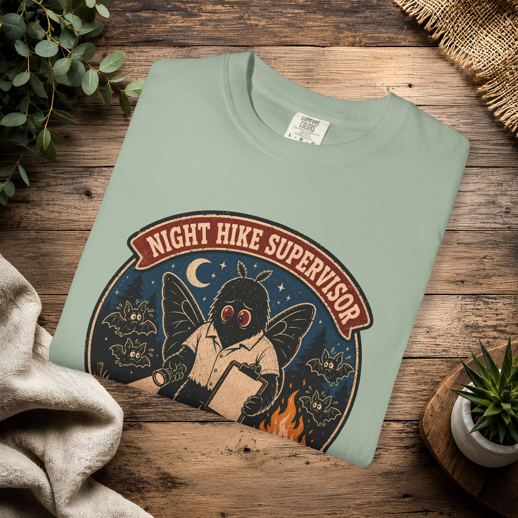 Night Hike Supervisor Mothman T‑Shirt — Camp Cryptid Retro Outdoor Badge