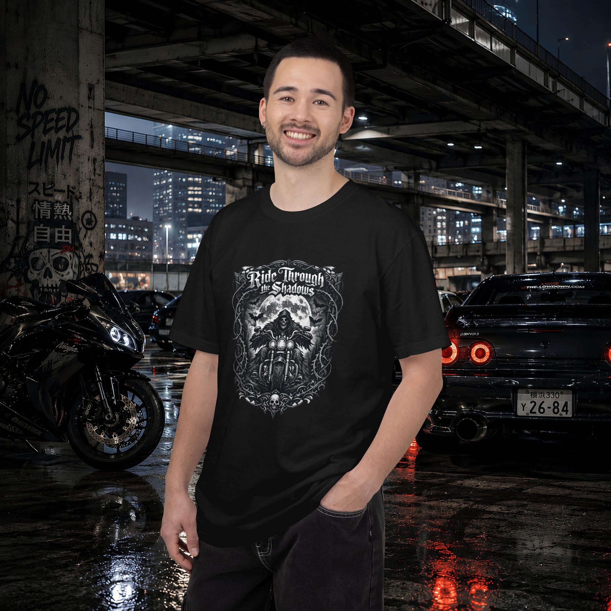 Ride Through Shadows T-Shirt — Gothic Skull Motorcycle Graphic Tee