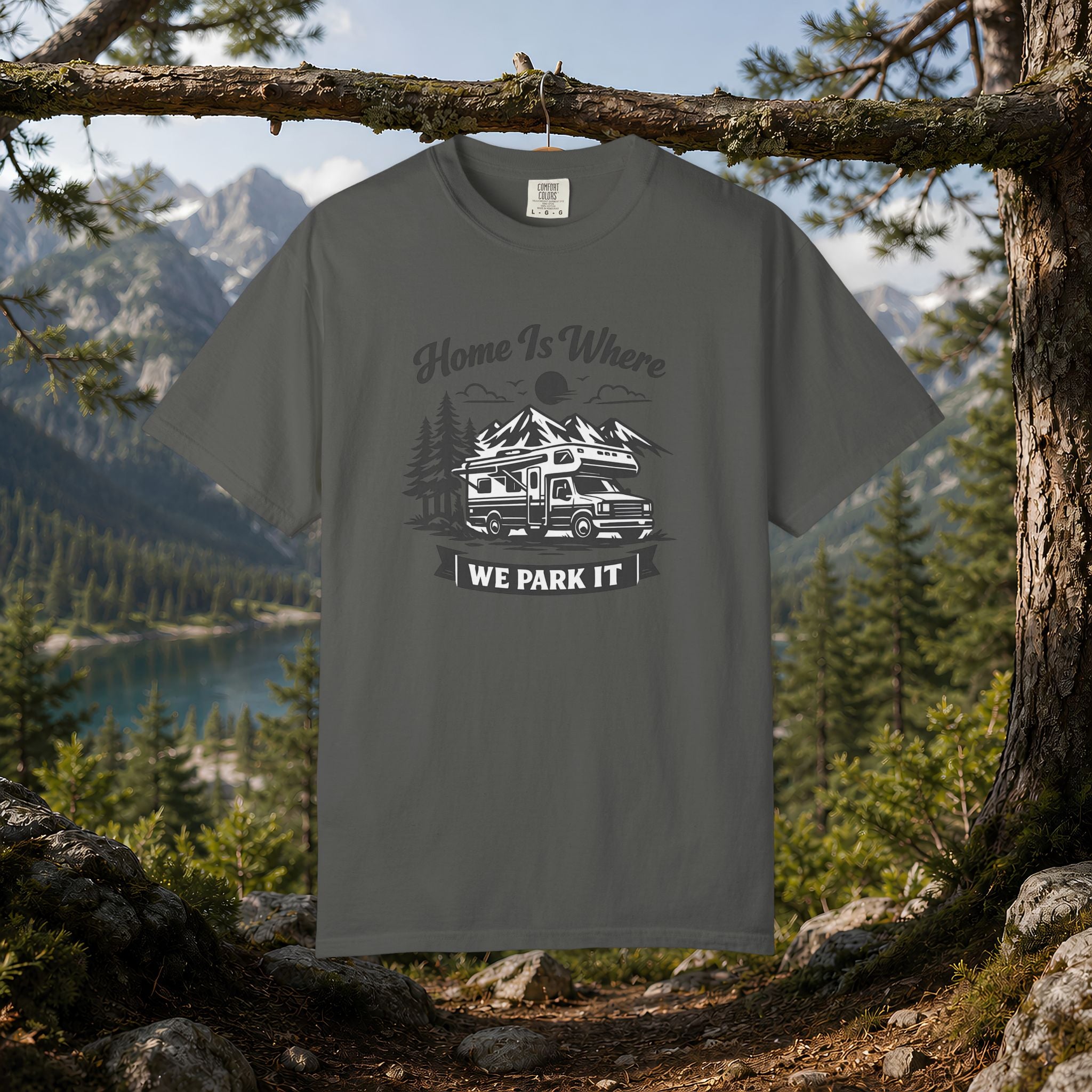RV Camper T-Shirt — "Home Is Where We Park It" Graphic Tee for RV & van life lovers