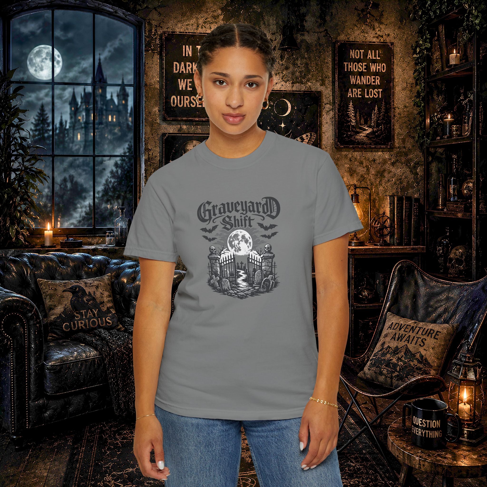 Graveyard Shift T-Shirt — Gothic Cemetery Skull Night Shift Tee