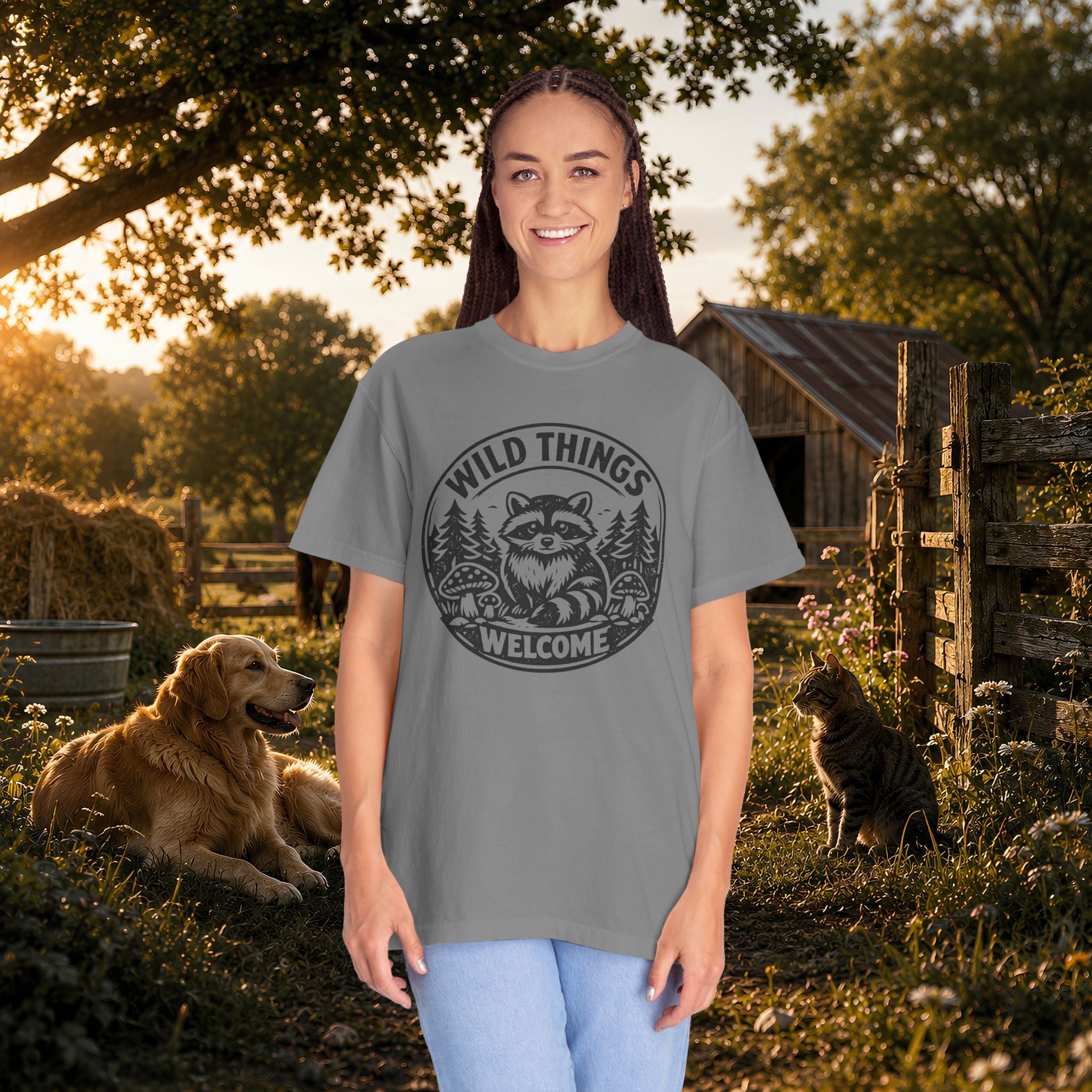 “Wild Things Welcome” Raccoon Forest Graphic T-Shirt