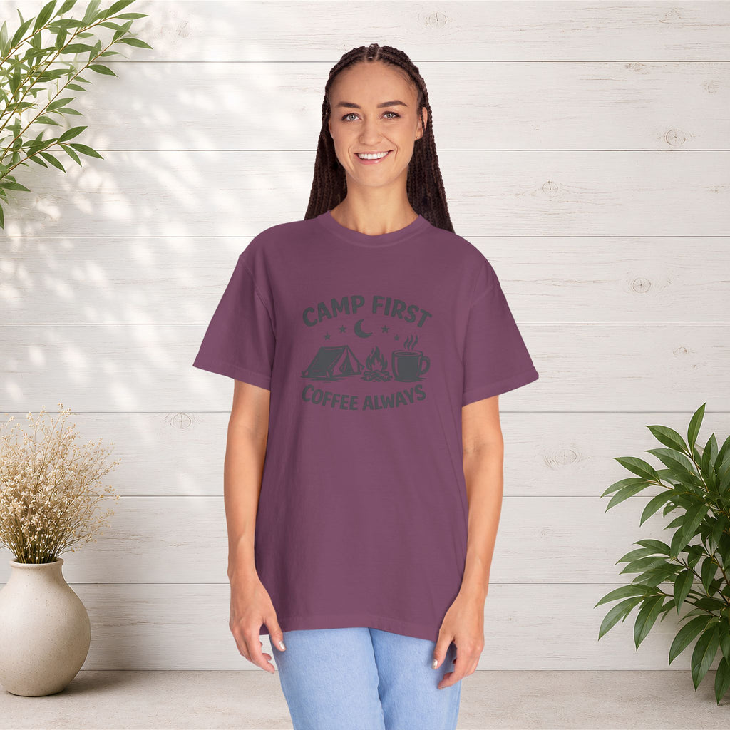 Camping T-Shirt — “Camp First, Coffee Always” Adventure Tee