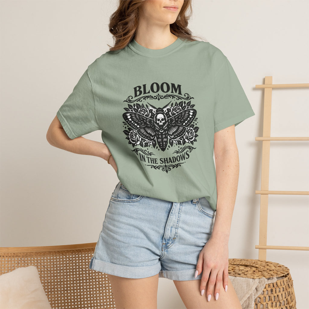 Bloom in the Shadows T-Shirt — Gothic Floral Skull Tee