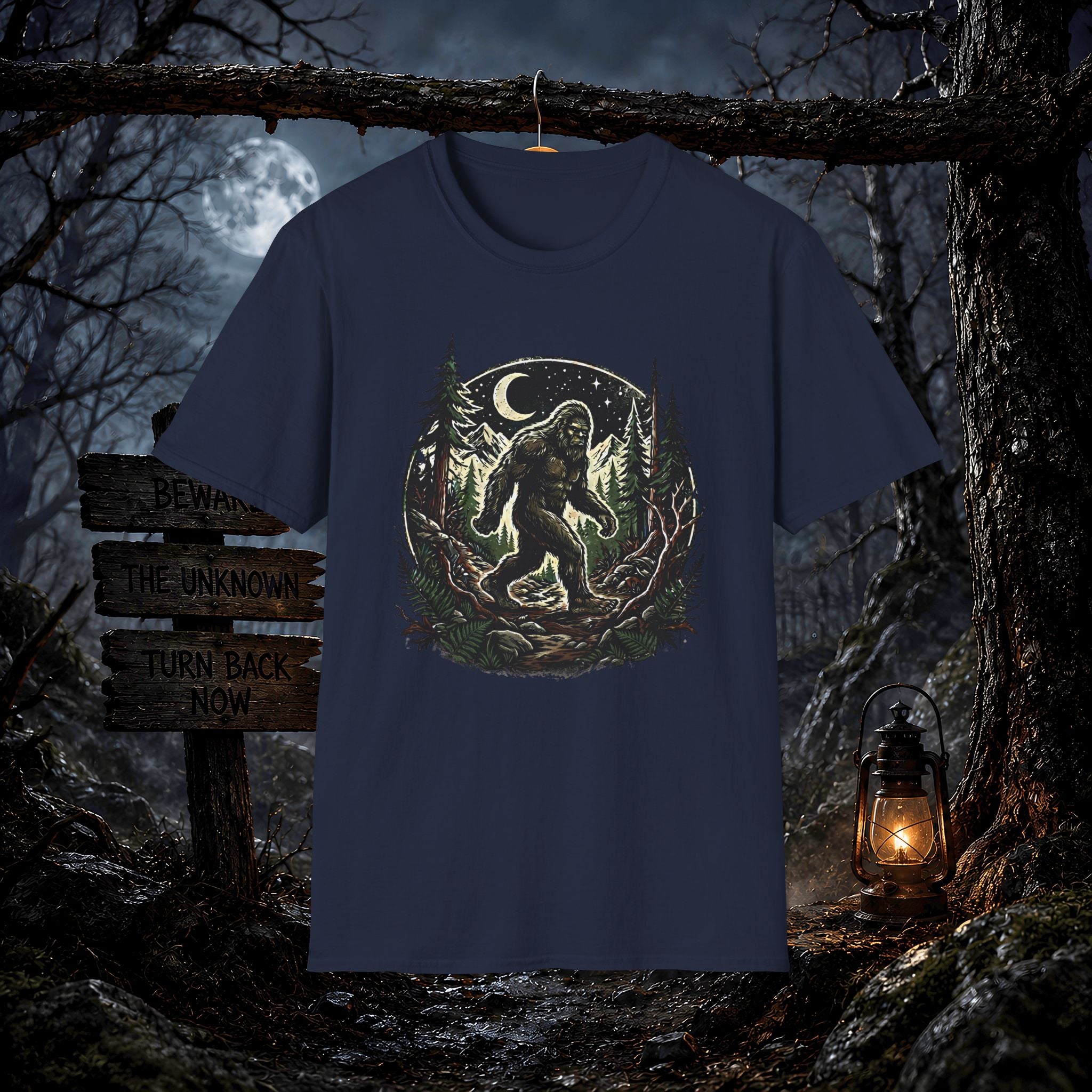 Bigfoot Forest Moon T-Shirt | Sasquatch Night Hiking Design
