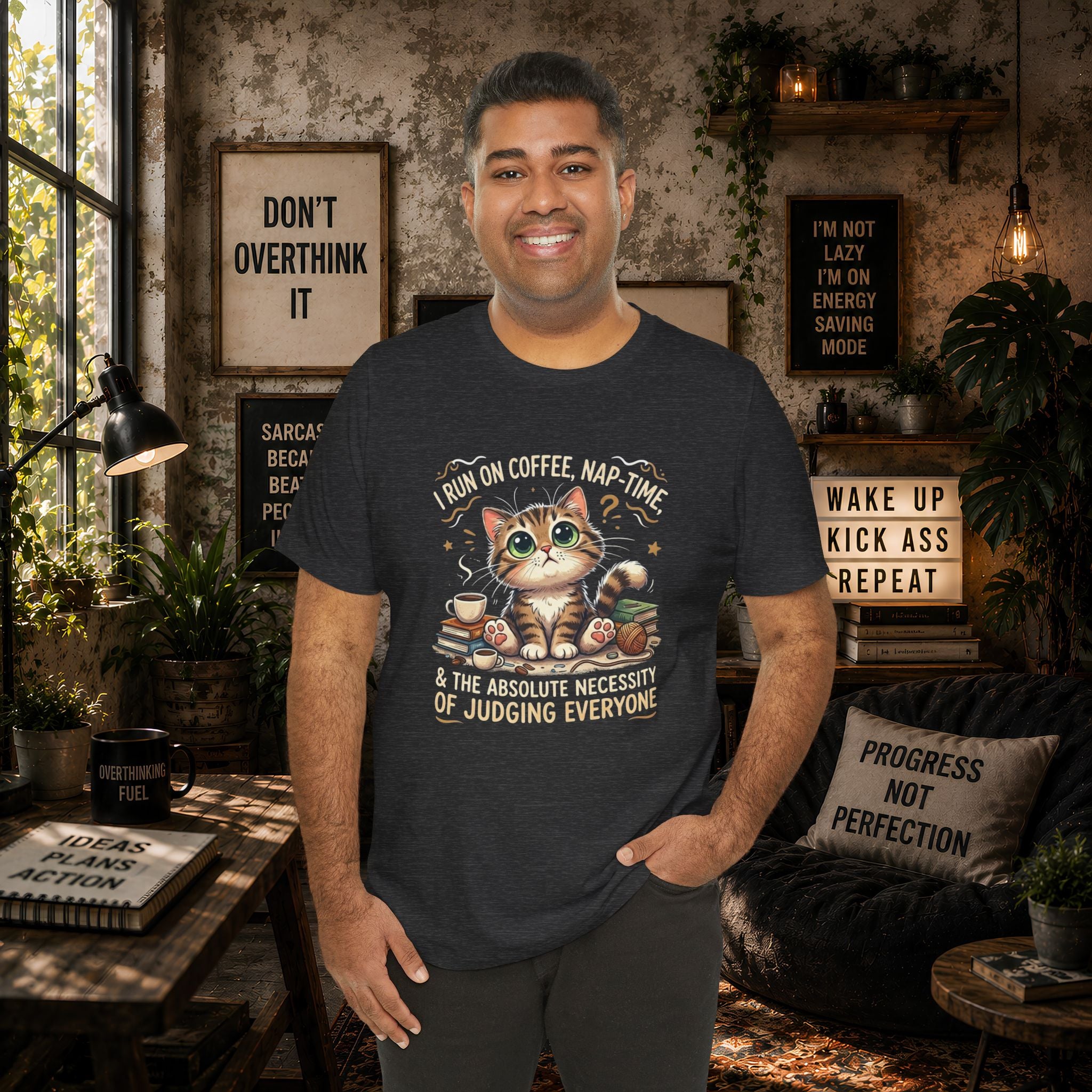 Judging Cat Coffee Books T-Shirt | Cozy Kitty Illustration Tee