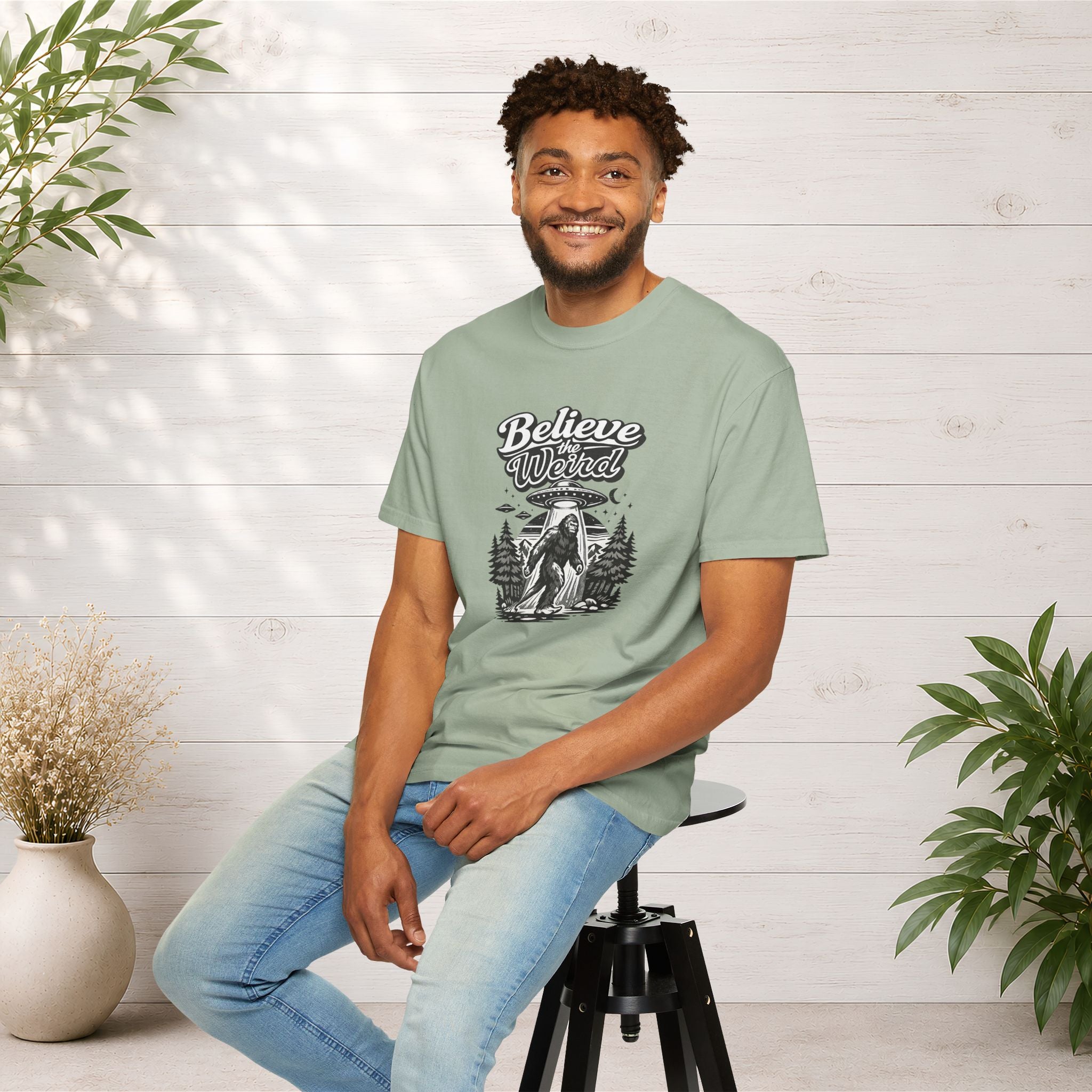 Believe the Weird T-Shirt — Bigfoot Forest UFO Graphic Tee
