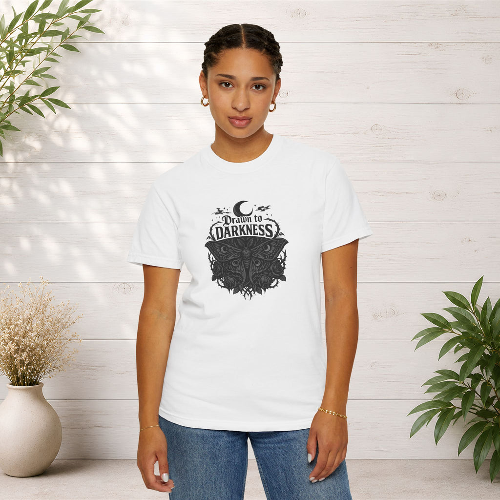 Dark Aesthetic T-Shirt — "Drawn to Darkness" Gothic Moon Graphic Tee