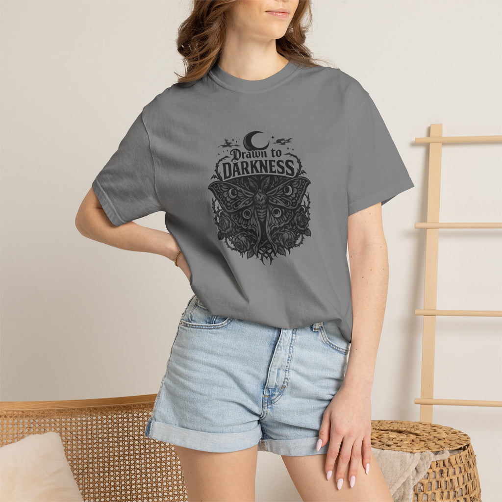 Dark Aesthetic T-Shirt — "Drawn to Darkness" Gothic Moon Graphic Tee