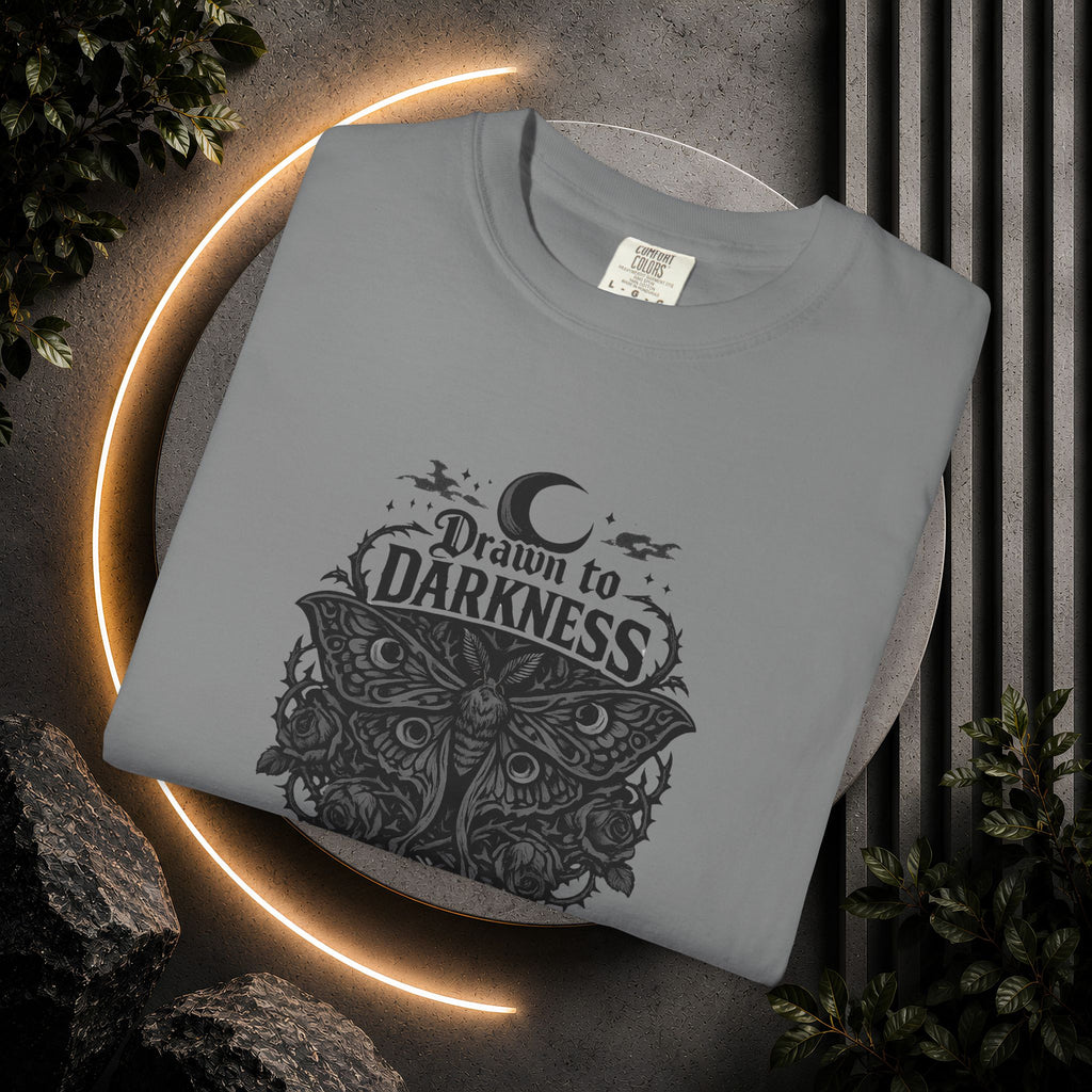 Dark Aesthetic T-Shirt — "Drawn to Darkness" Gothic Moon Graphic Tee
