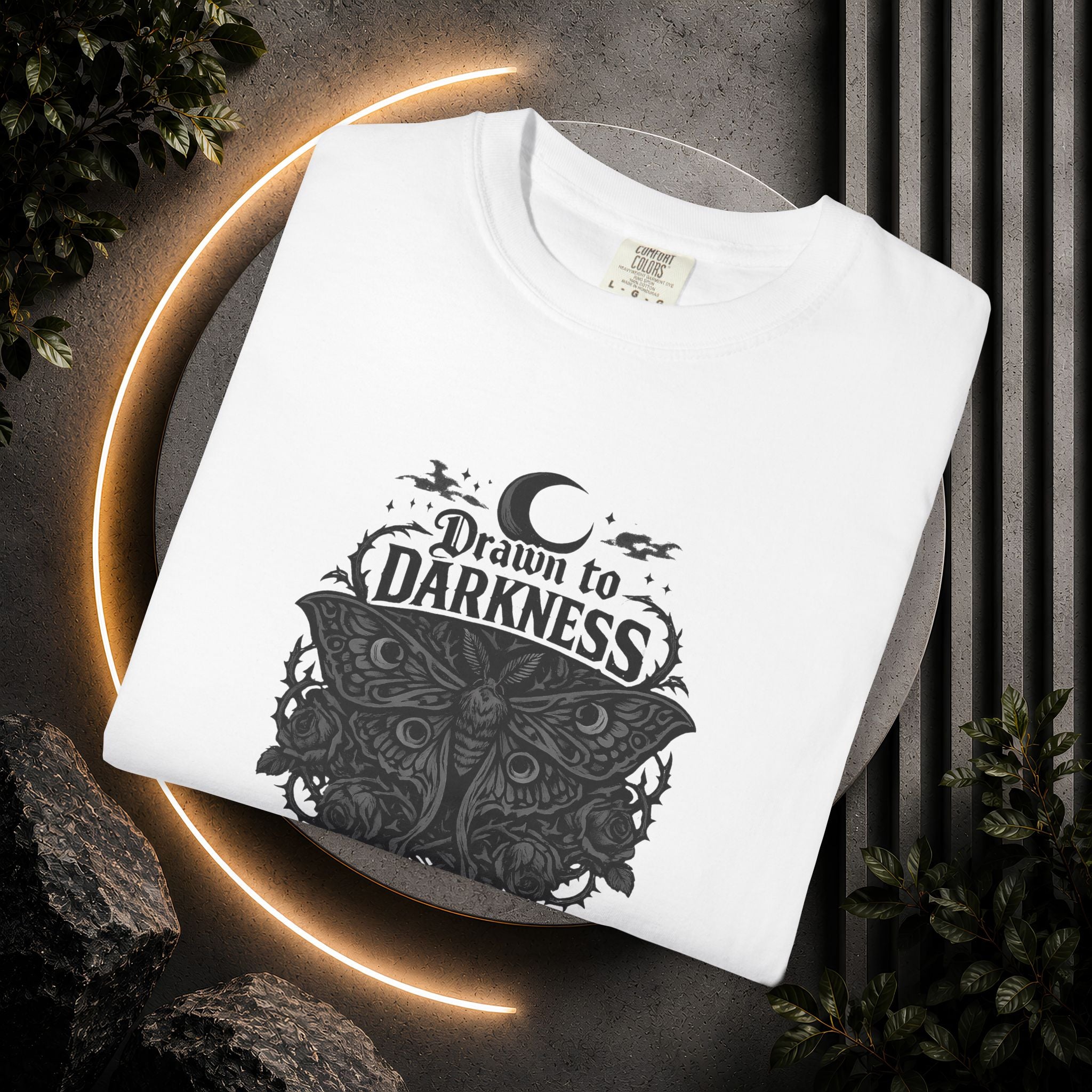 Dark Aesthetic T-Shirt — "Drawn to Darkness" Gothic Moon Graphic Tee