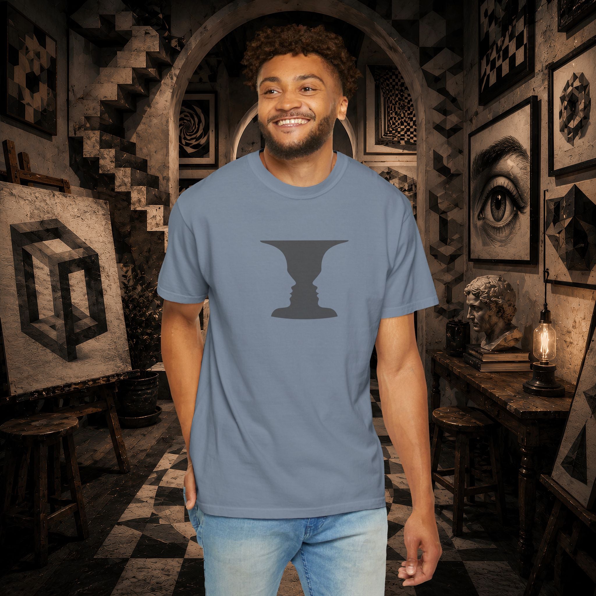 Optical Illusion Vase T-Shirt — Rubin’s Face Profile Graphic Tee