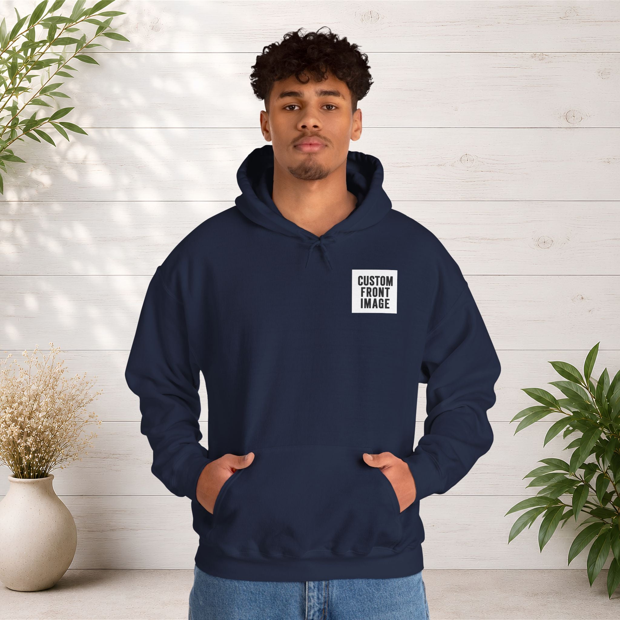 Custom Front Small Left Image Hoodie — Personalized White Pullover Hooded Sweatshirt