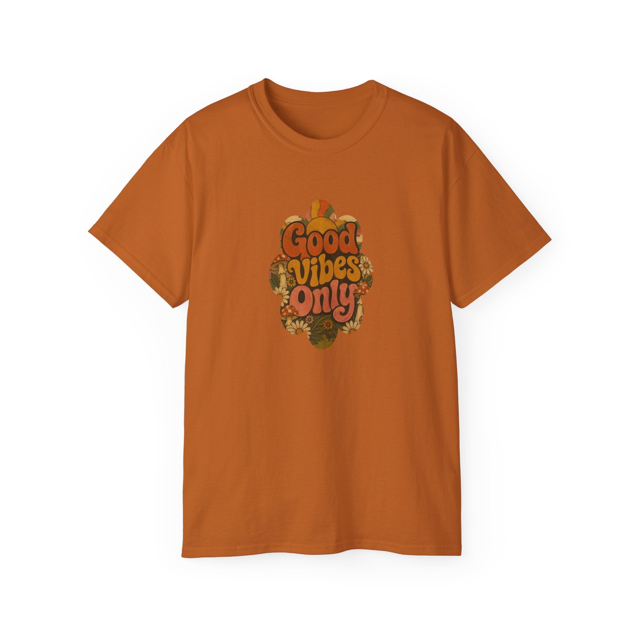 Good Vibes Only T-Shirt | Retro Floral Typography, Orange Fall Tee