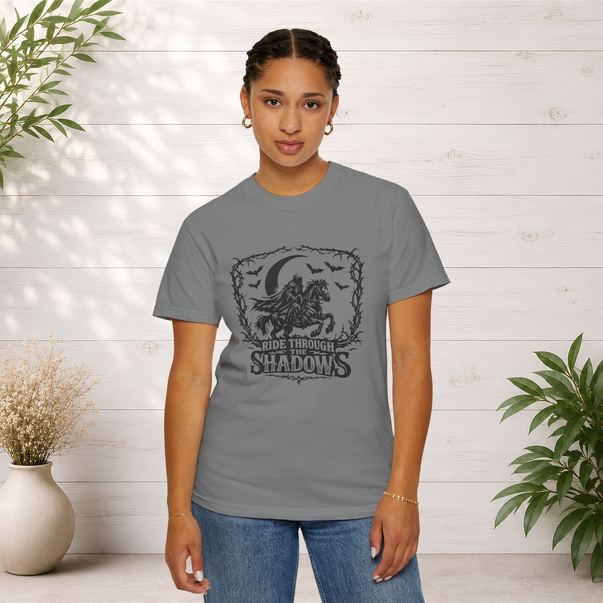 Ride Through Shadows T-Shirt — Gothic Raven Horse Moon Design