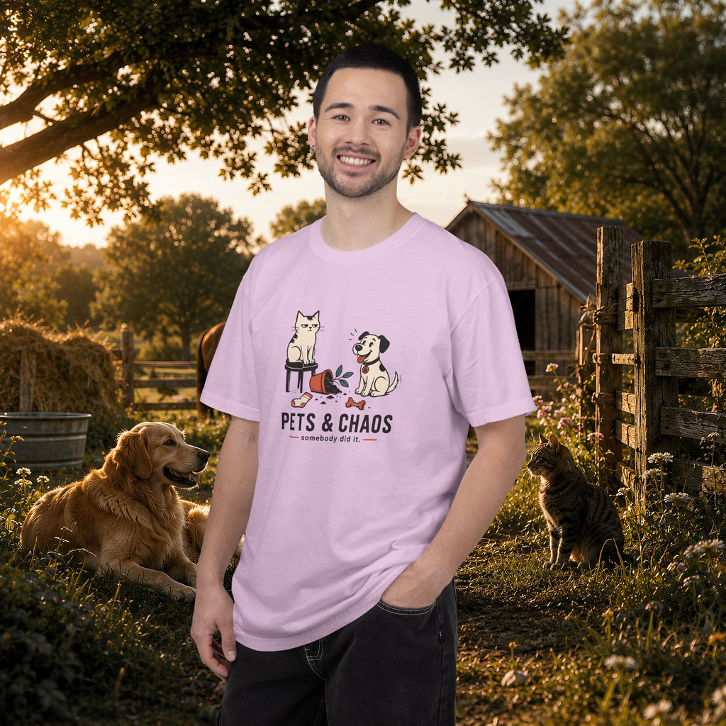 Pets & Chaos Graphic T-Shirt — Funny Cat and Dog Design