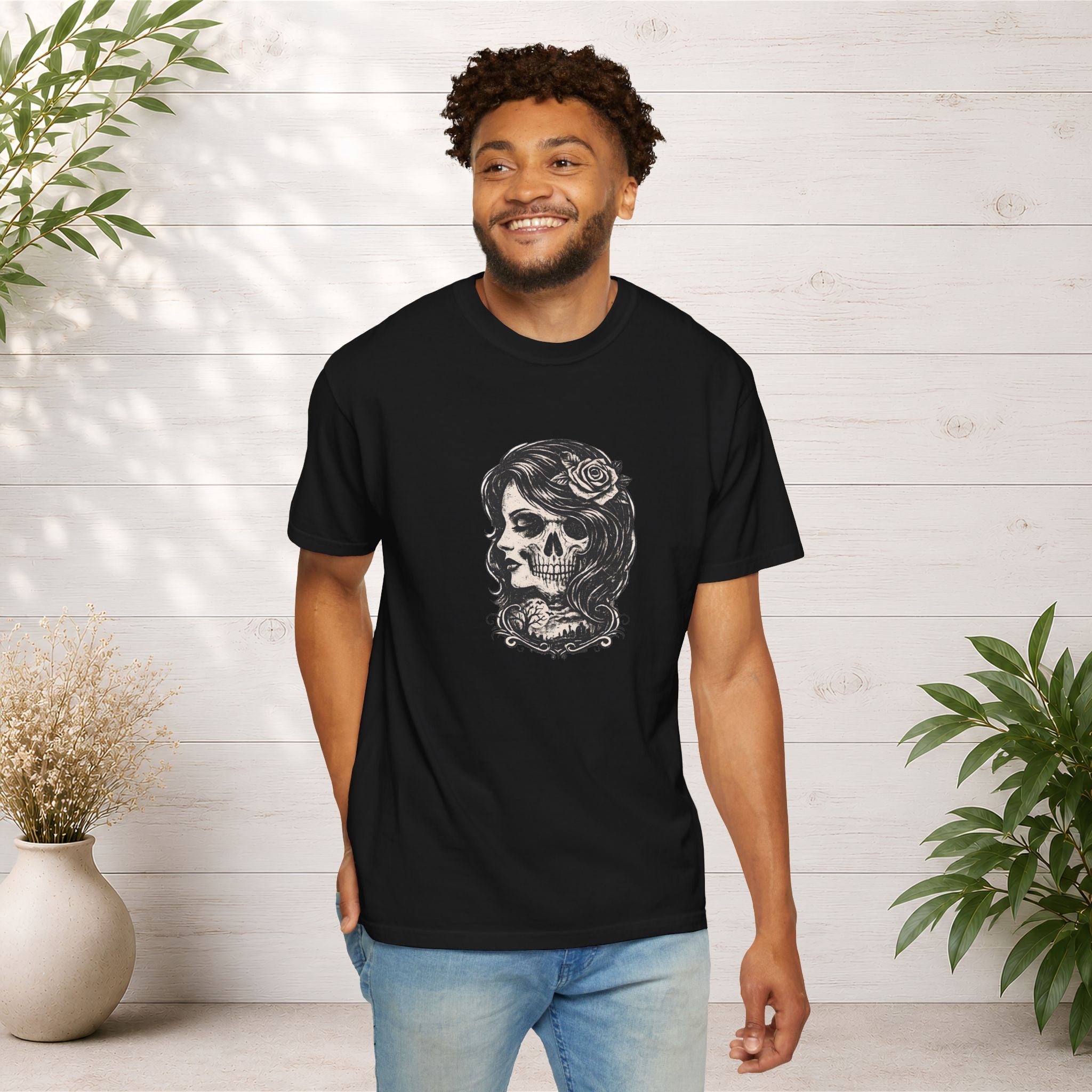 Skull Lady Rose T-Shirt — Vintage Day of the Dead Portrait Tee