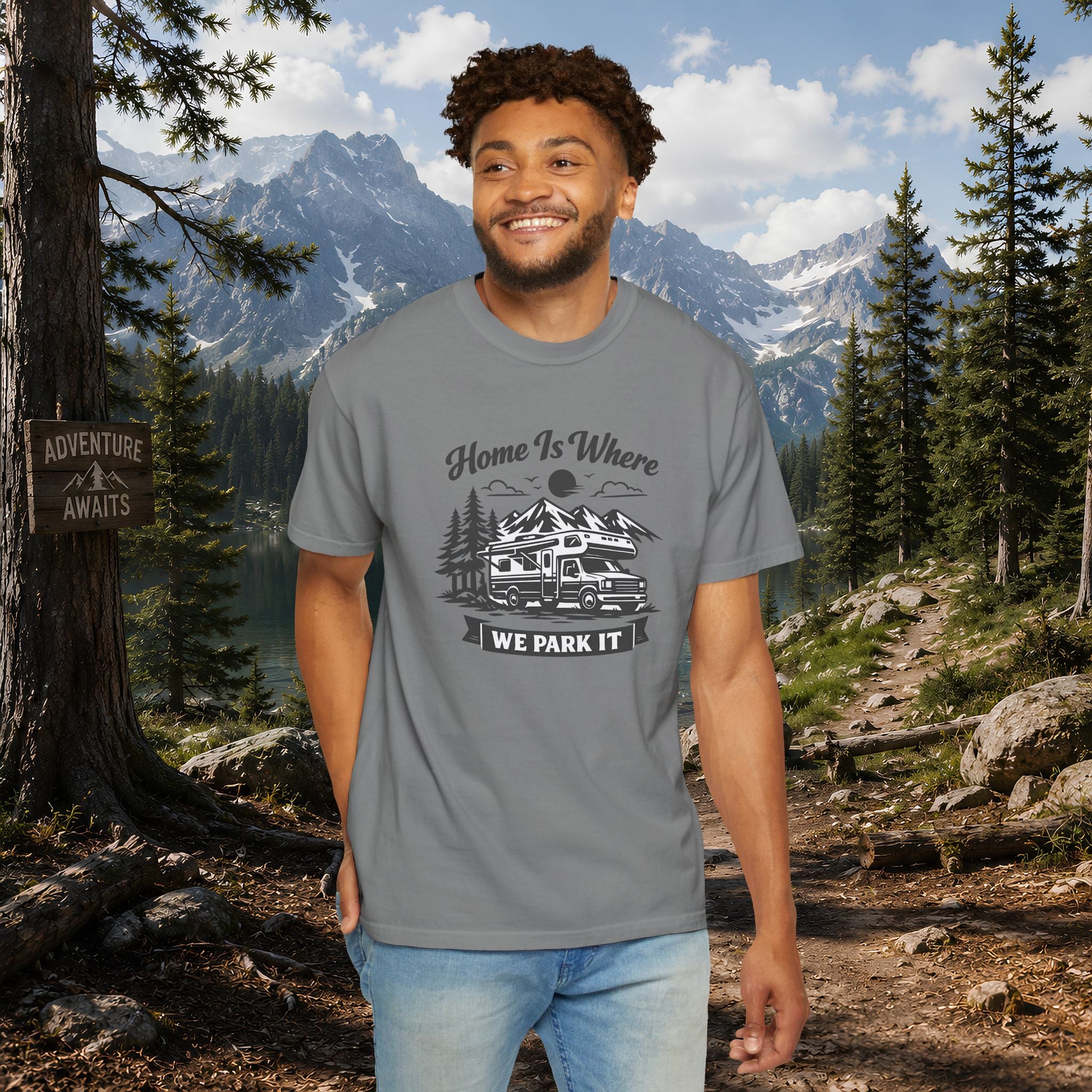 RV Camper T-Shirt — "Home Is Where We Park It" Graphic Tee for RV & van life lovers