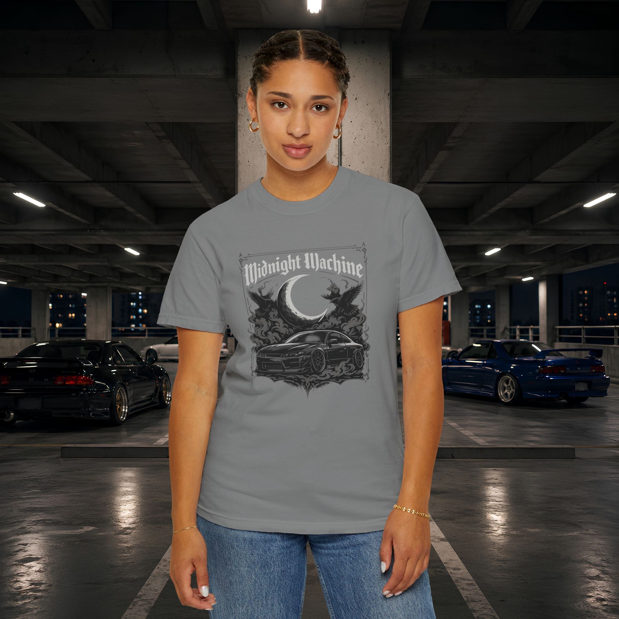 Midnight Machine Graphic T-Shirt — Retro Car Moon Tee for Night Drivers