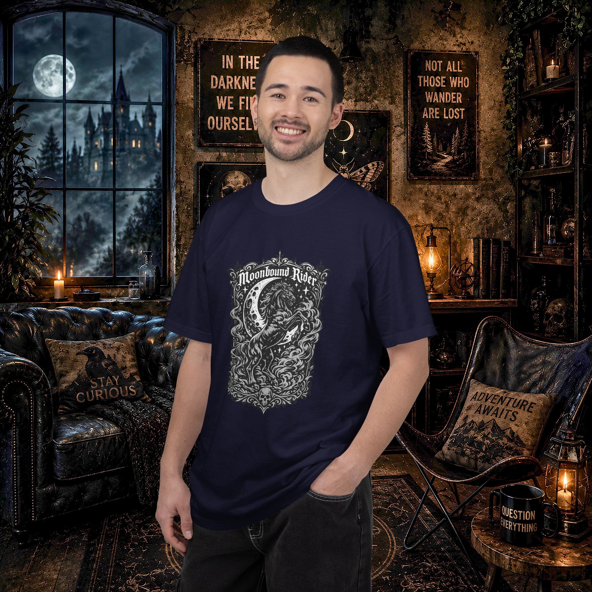 Moonbound Rider T‑Shirt — Gothic Horse Moon Design