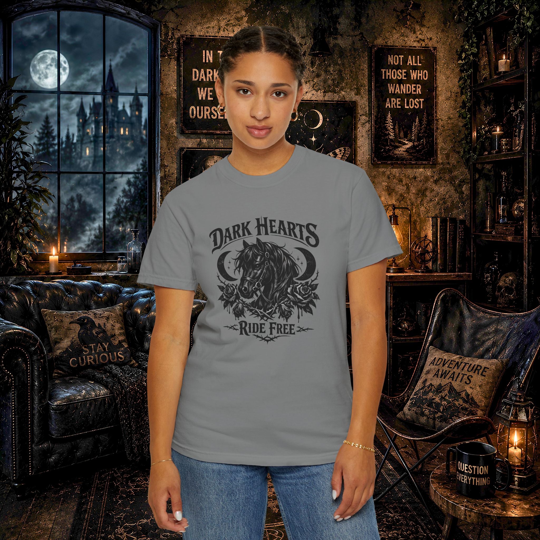 Dark Hearts Ride Free T-Shirt — Gothic Horse Rider Graphic Tee