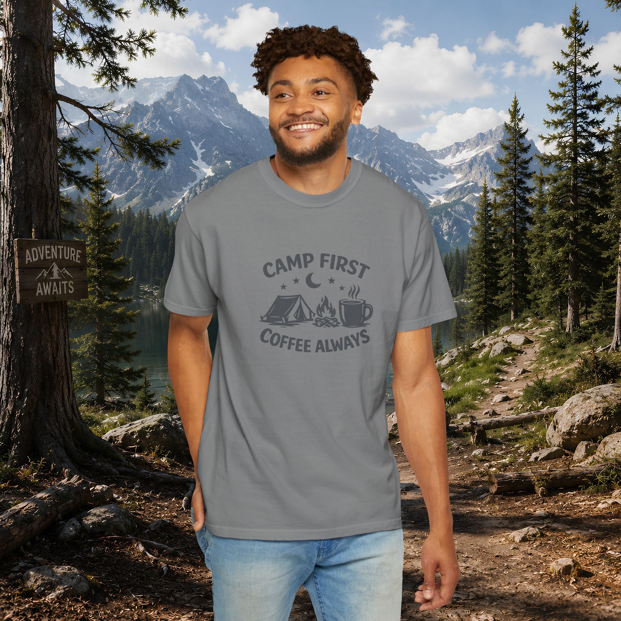Camping T-Shirt — “Camp First, Coffee Always” Adventure Tee