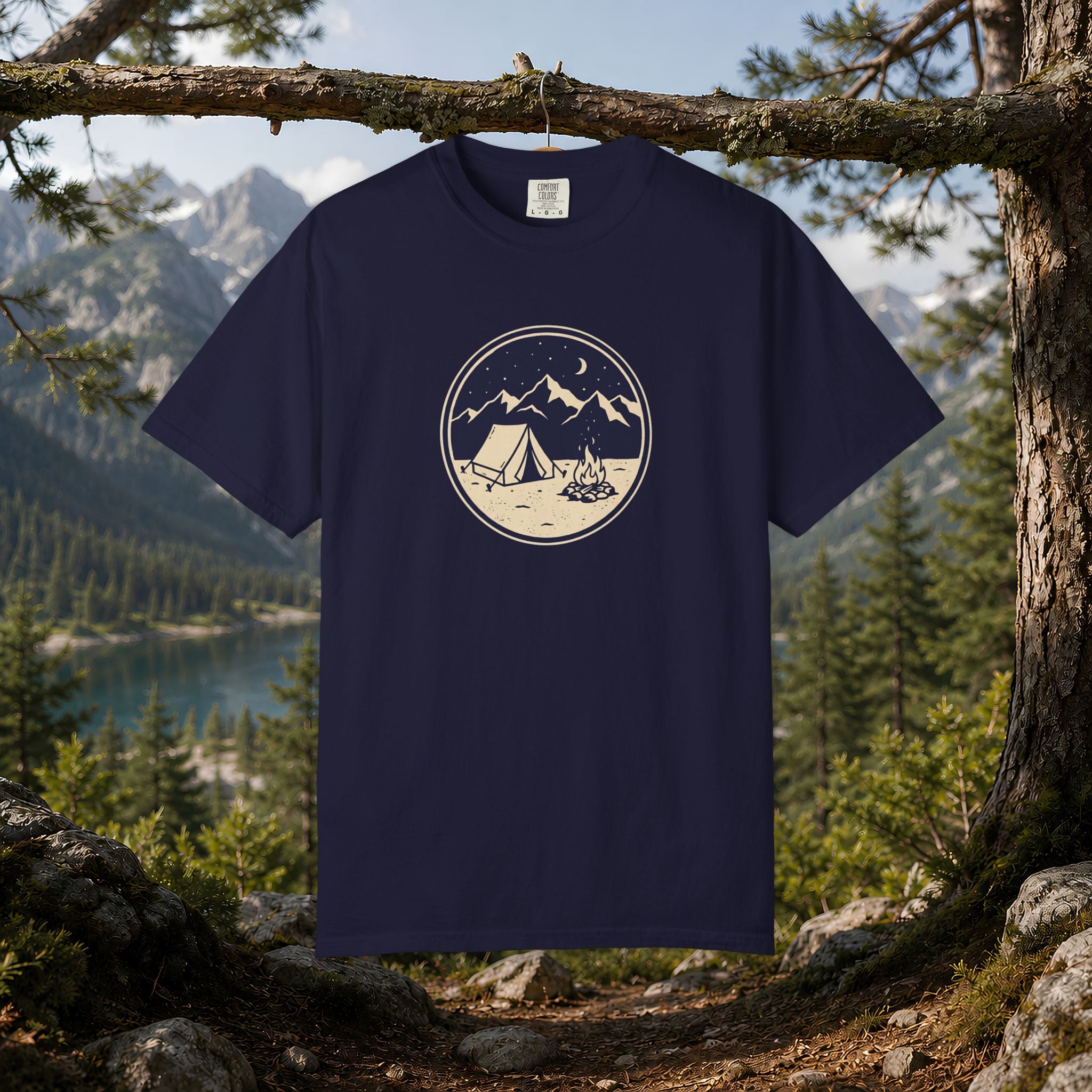 Mountain Camping Circle Art T-shirt | Tent Campfire Outdoors Tee
