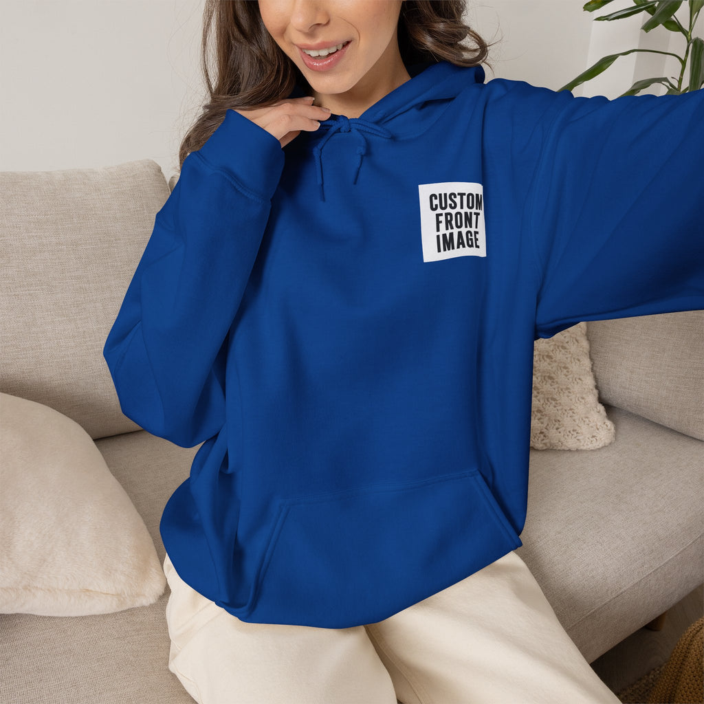 Custom Front Small Left and Back Image Hoodie — Personalized White Pullover Hooded Sweatshirt