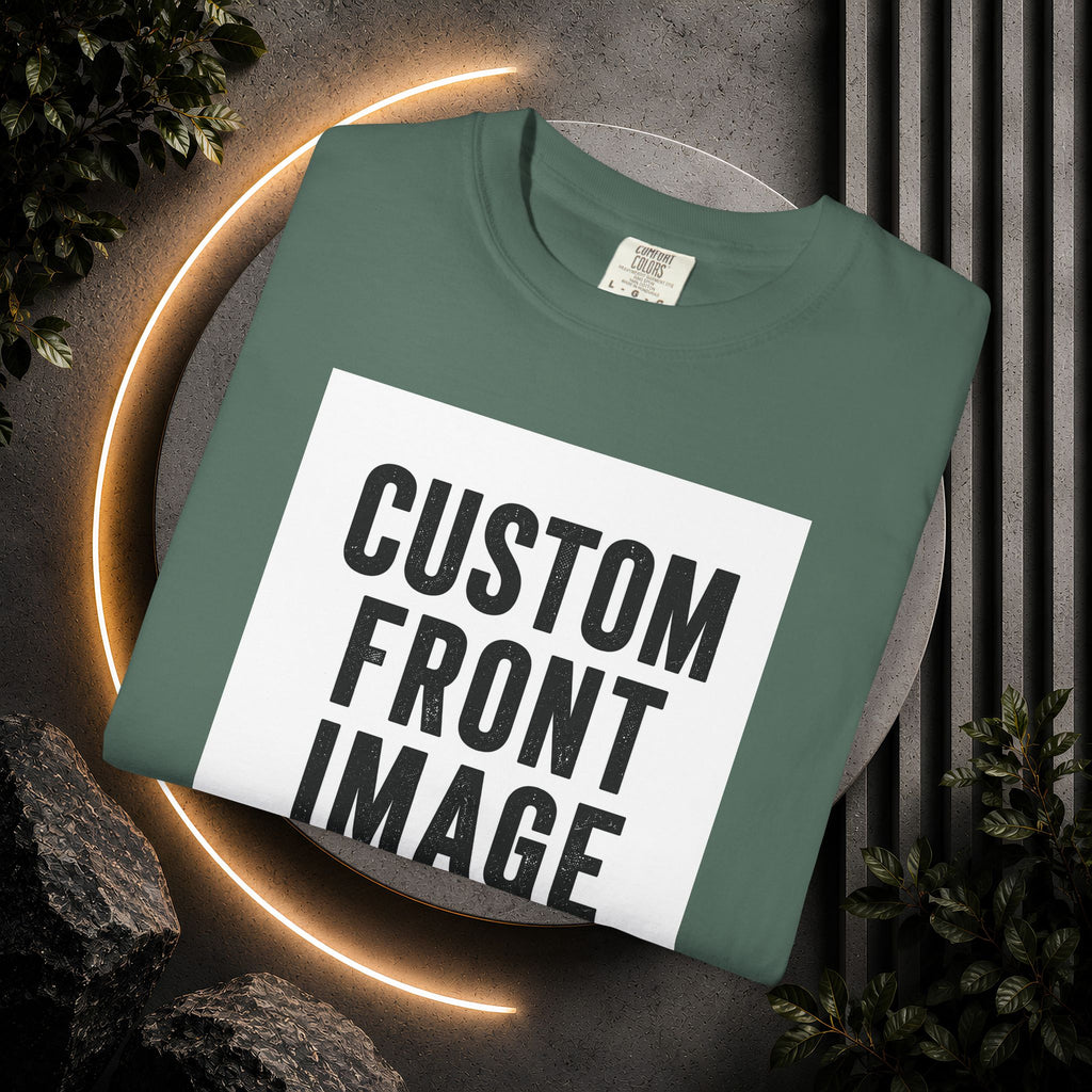 Custom Front Square Print T-Shirt — Personalized Text Bottom & Image Tee