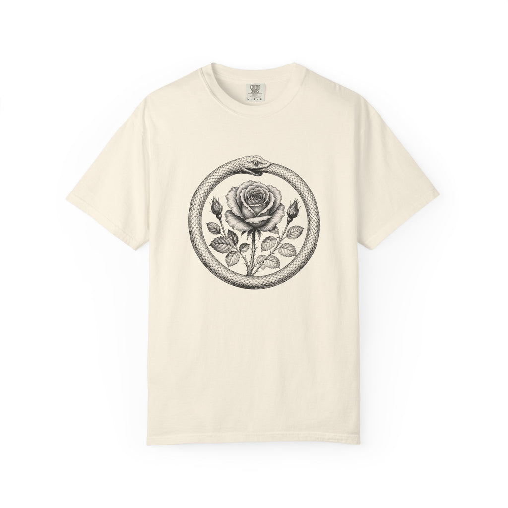 Rose in Ouroboros Snake Circle T-shirt | Botanical Vintage Line Art