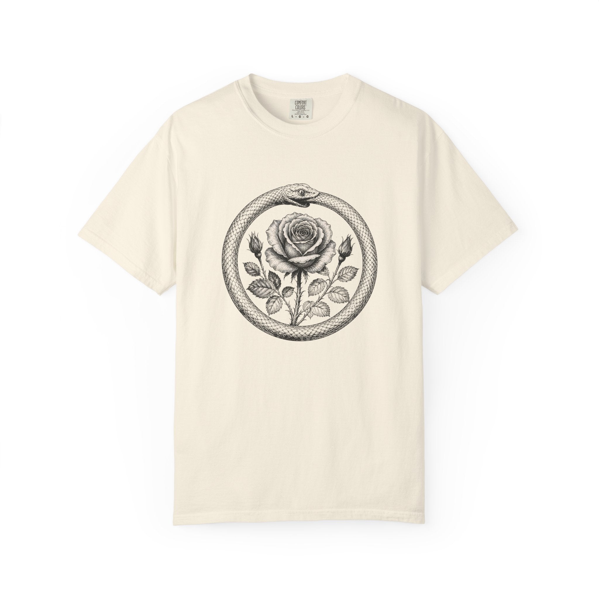 Rose in Ouroboros Snake Circle T-shirt | Botanical Vintage Line Art